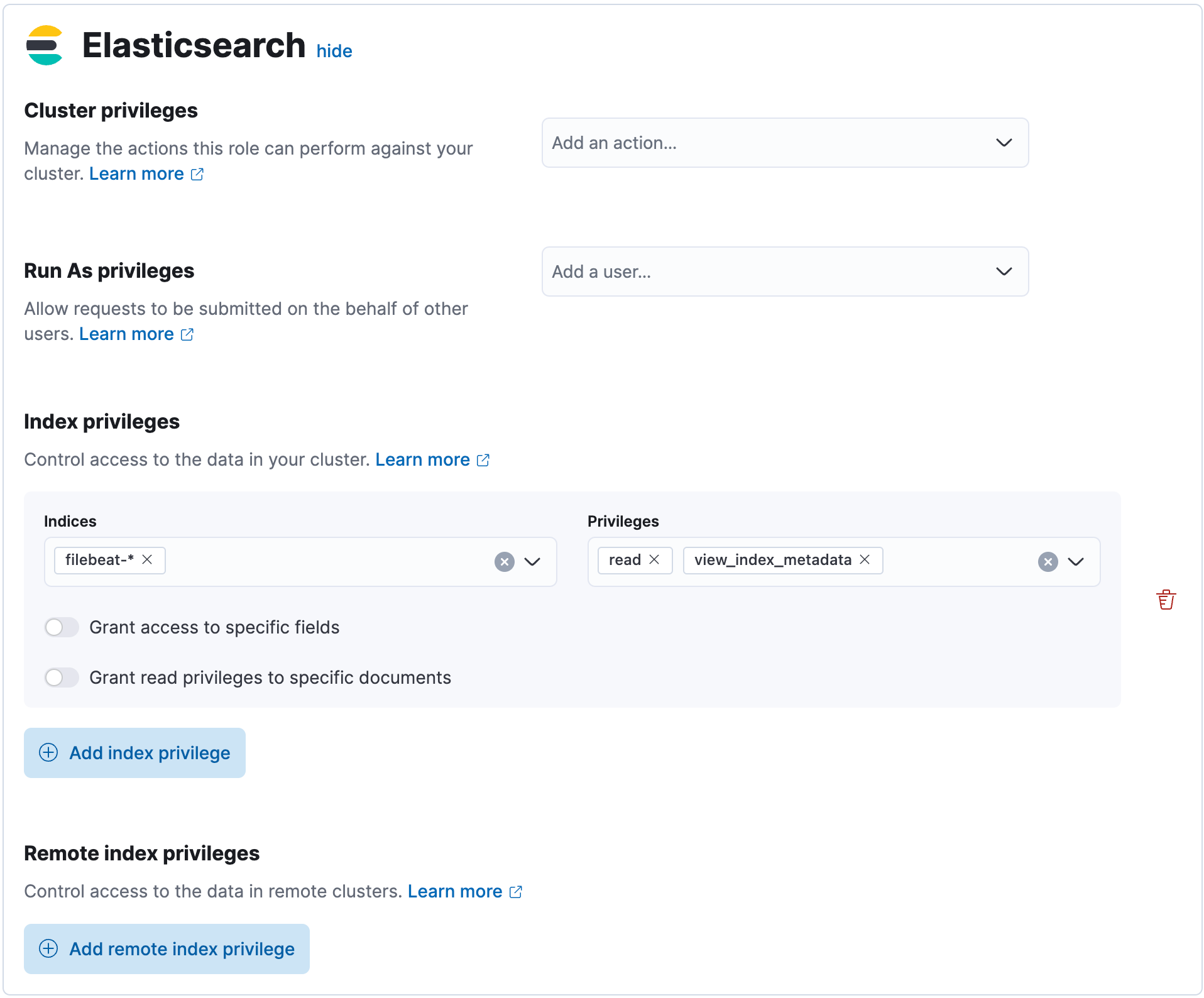 Create role with index privileges Create role with index privileges