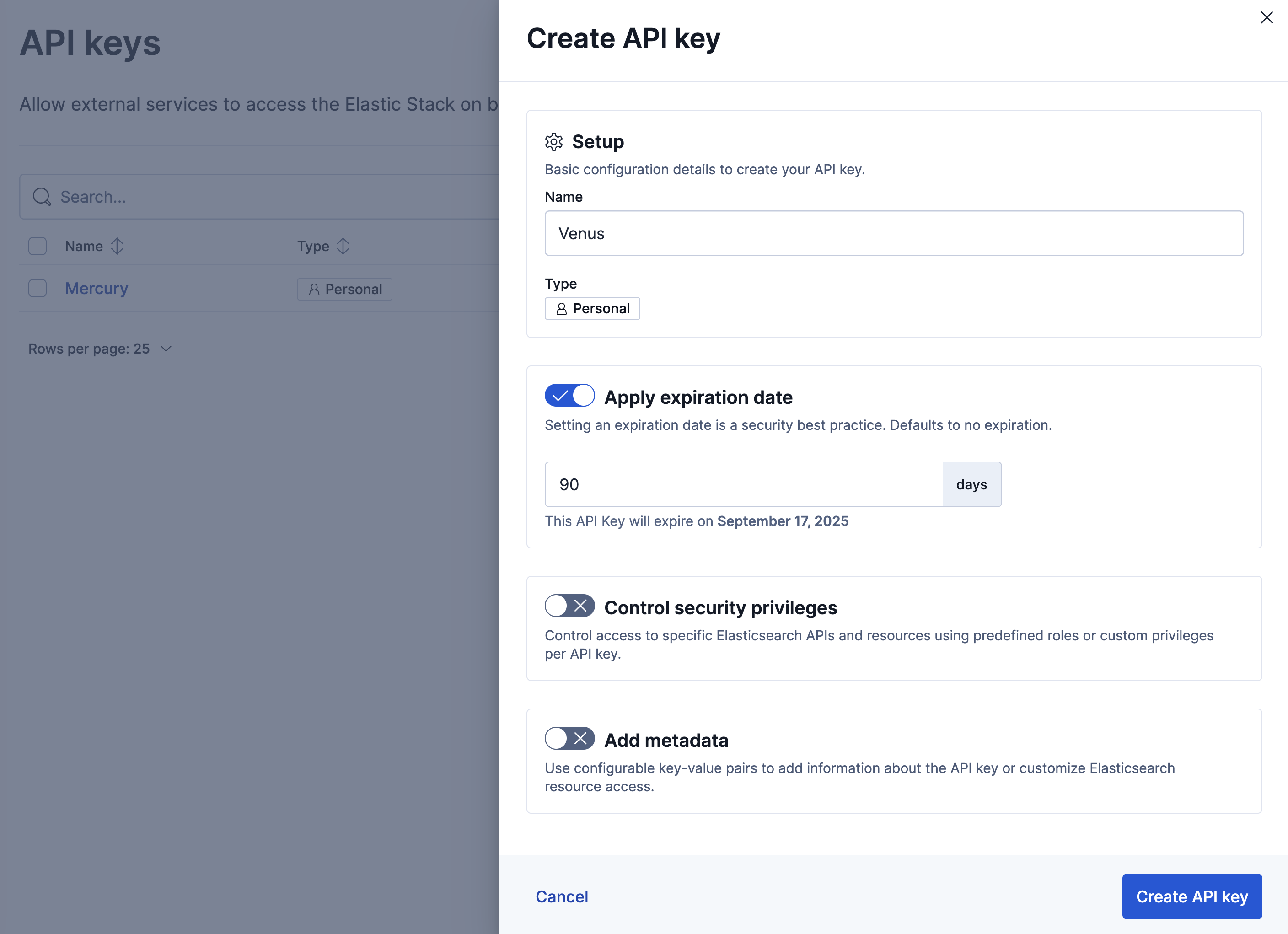 Create API key UI Create API key UI