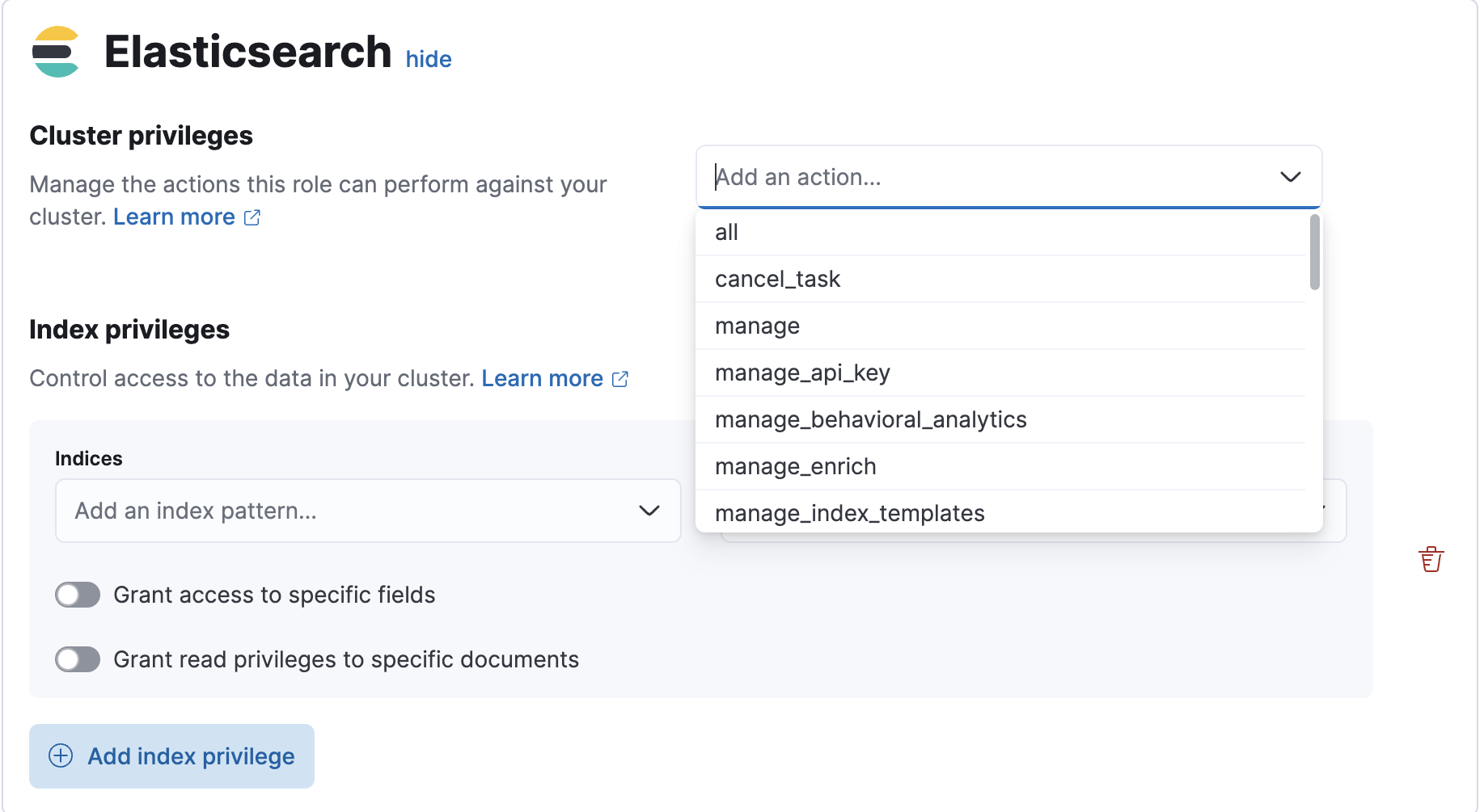 Create a custom role and define Elasticsearch cluster privileges Create a custom role and define Elasticsearch cluster privileges