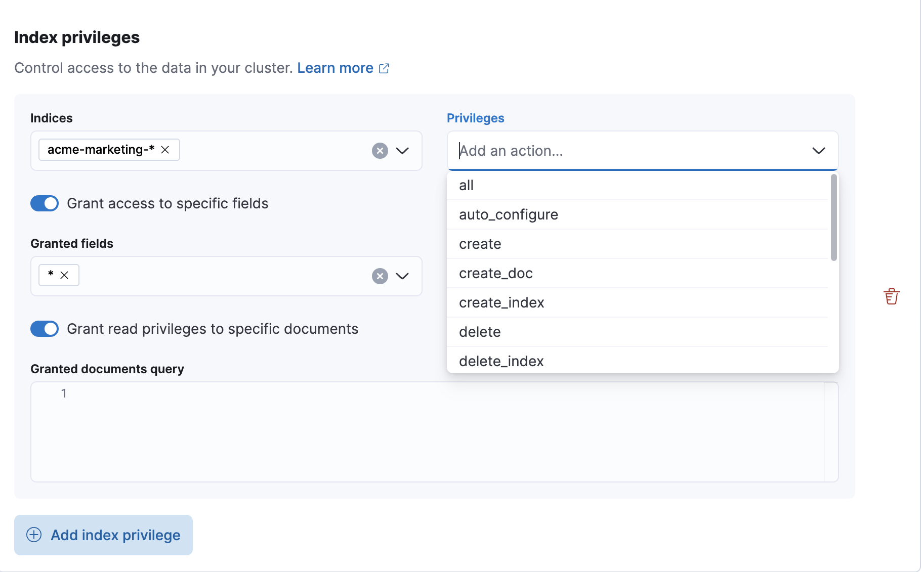 Create a custom role and define Elasticsearch index privileges Create a custom role and define Elasticsearch index privileges
