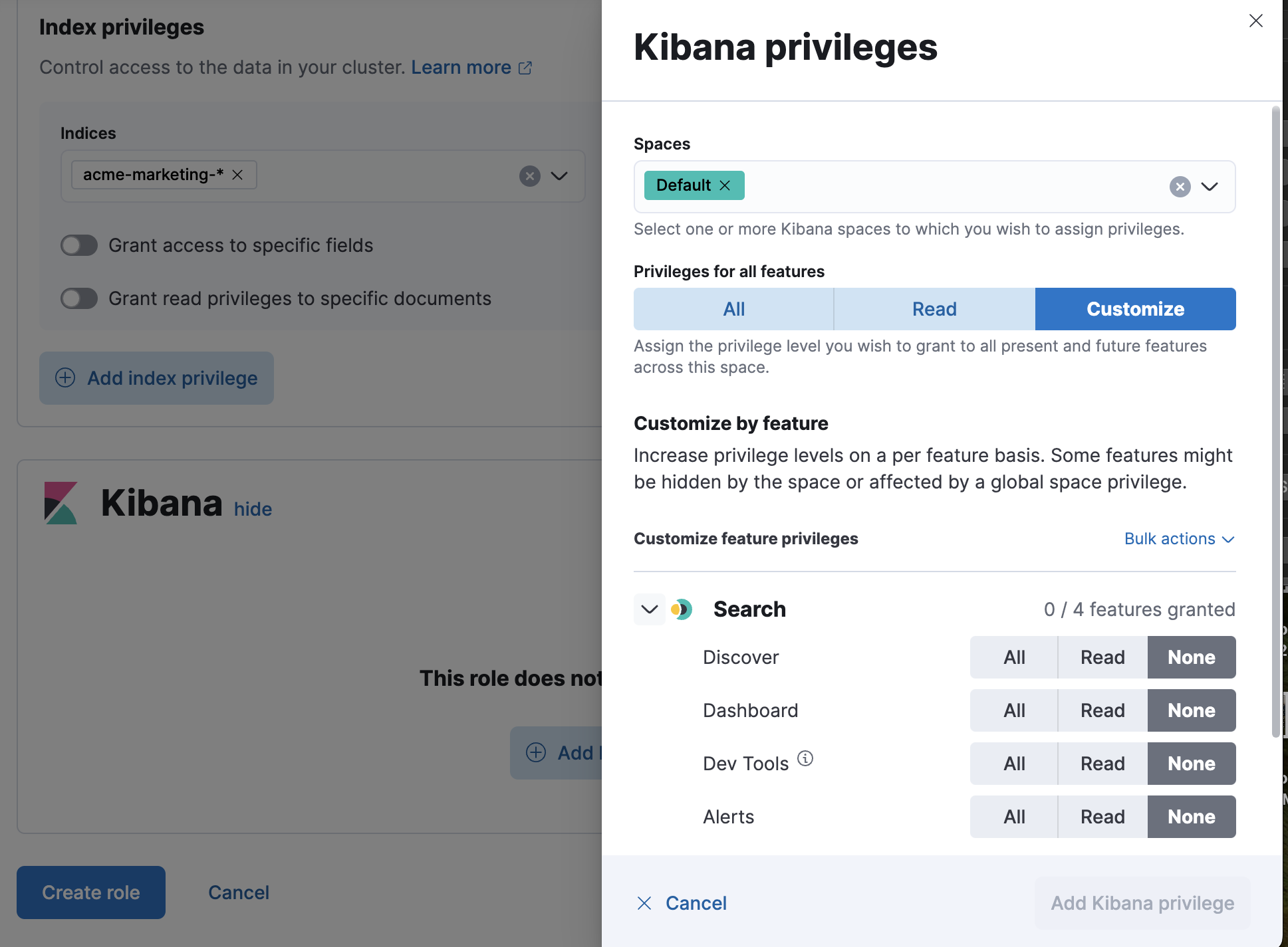 Create a custom role and define Kibana privileges Create a custom role and define Kibana privileges
