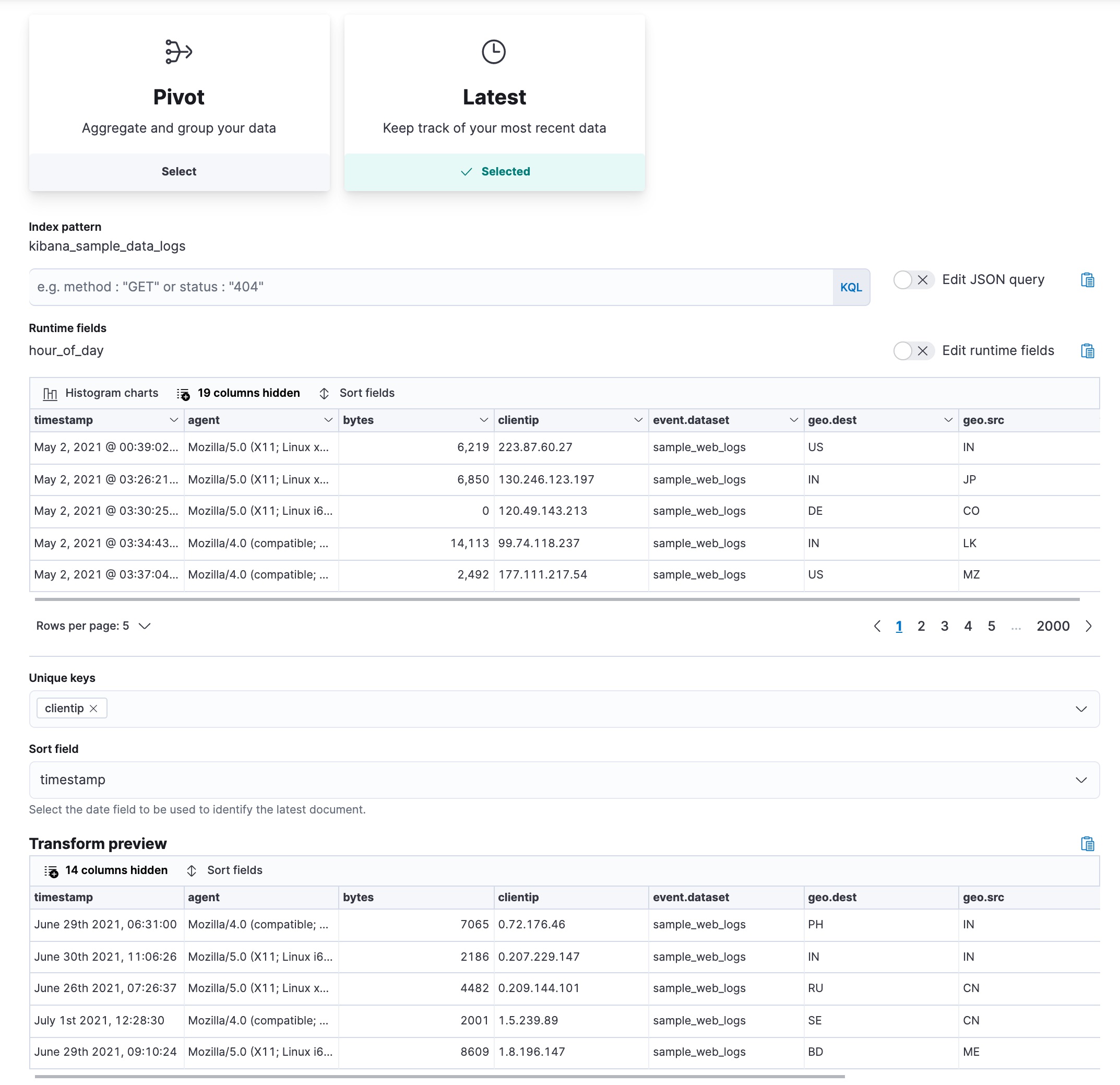 Finding the last log event for each IP address with transforms in Kibana Finding the last log event for each IP address with transforms in Kibana