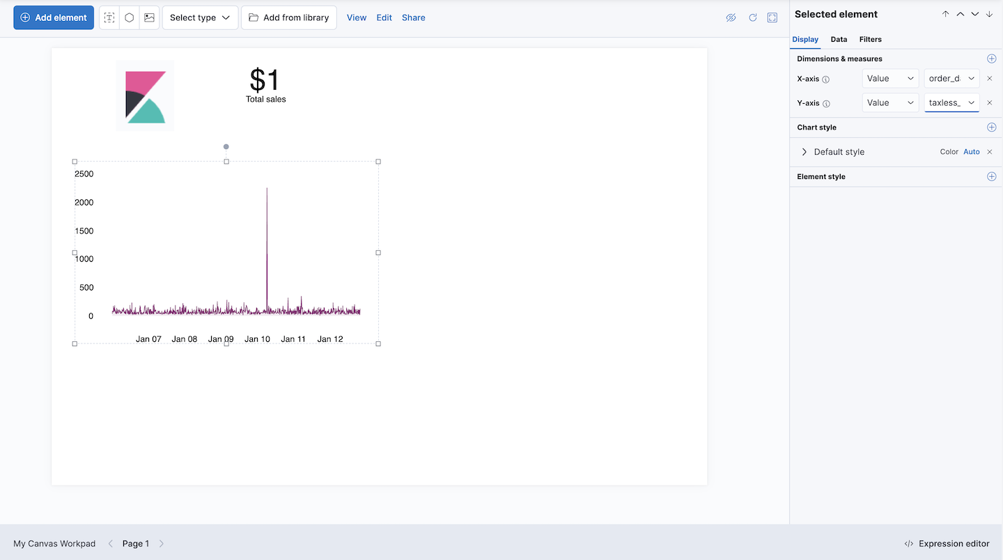 Custom line chart added to the workpad using Elasticsearch SQL Custom line chart added to the workpad using Elasticsearch SQL