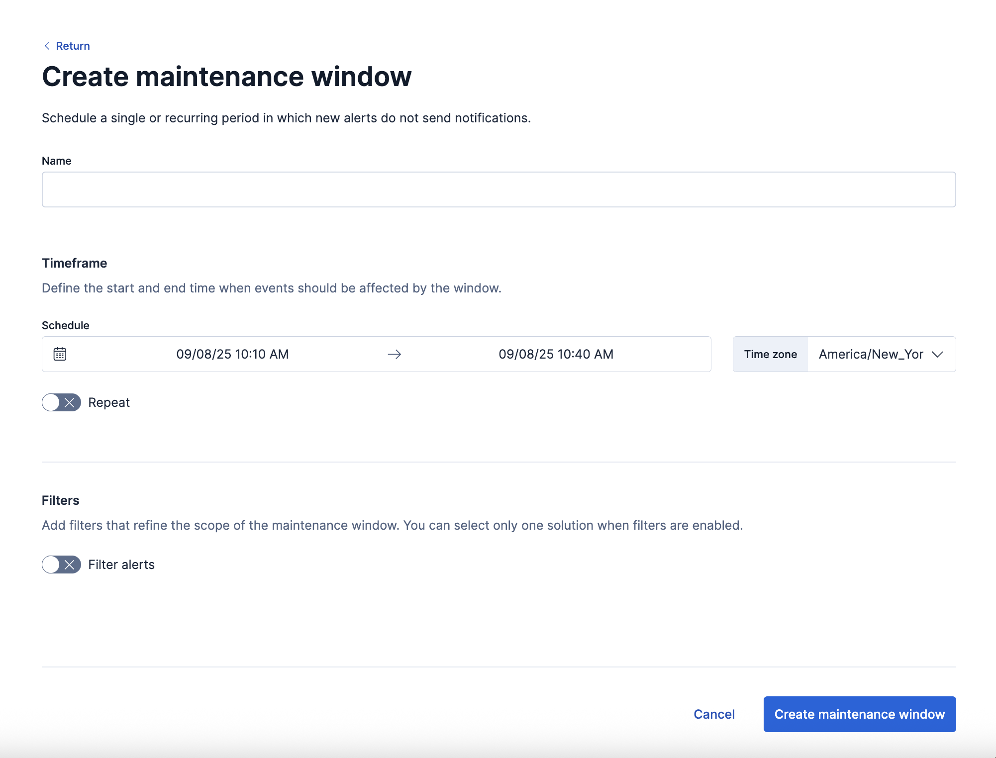 The Create Maintenance Window user interface in Kibana The Create Maintenance Window user interface in Kibana