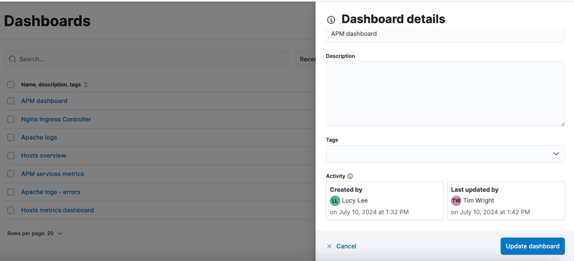 Information panel of a dashboard showing its creator and last editor Information panel of a dashboard showing its creator and last editor