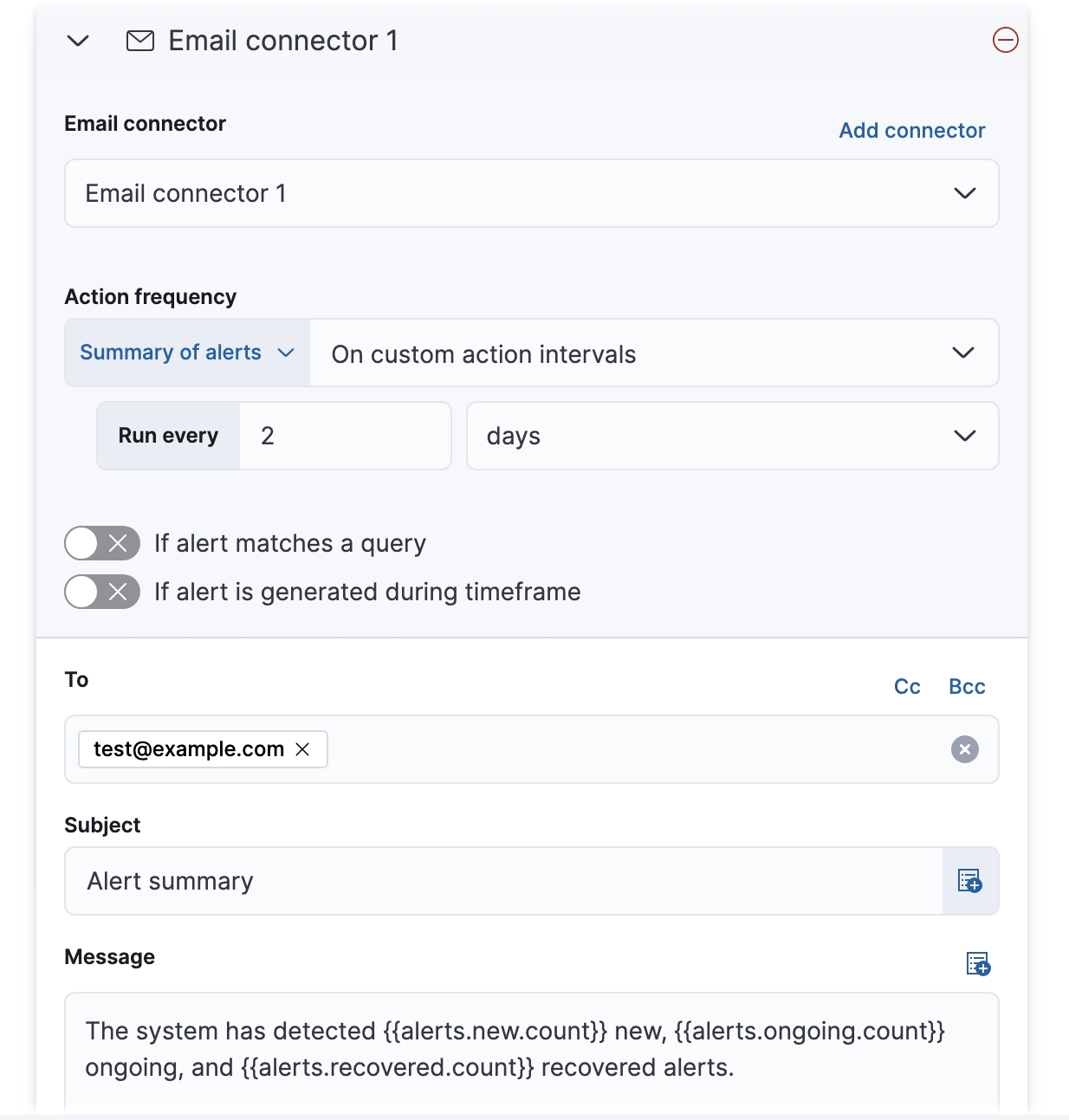 UI for defining alert summary action in an Elasticsearch query rule UI for defining alert summary action in an Elasticsearch query rule