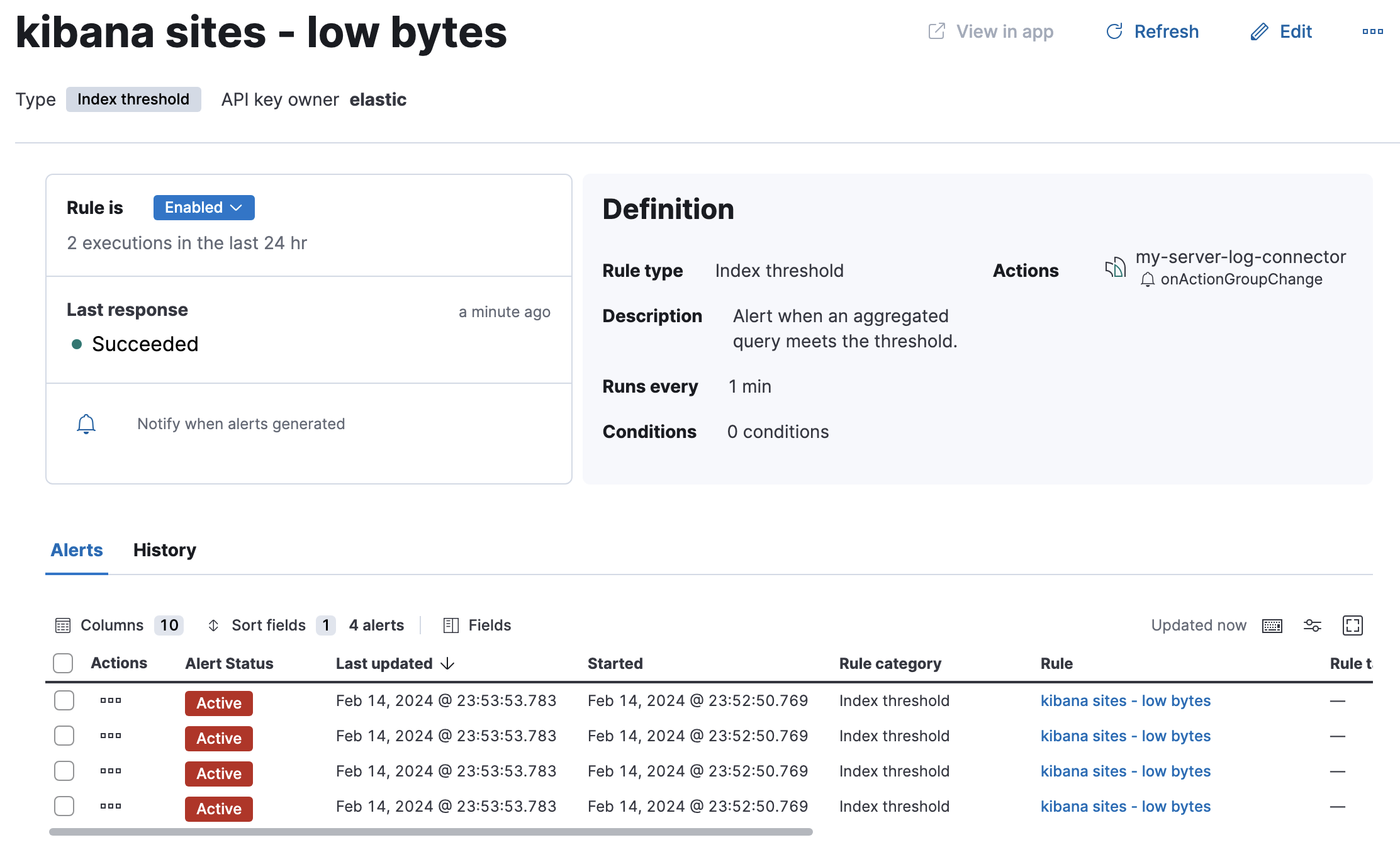Rule details page with multiple alerts Rule details page with multiple alerts