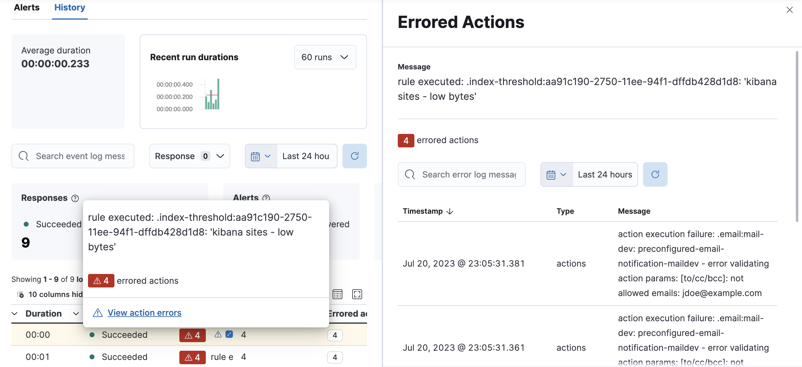 Rule histor page with alerts that have errored actions Rule histor page with alerts that have errored actions
