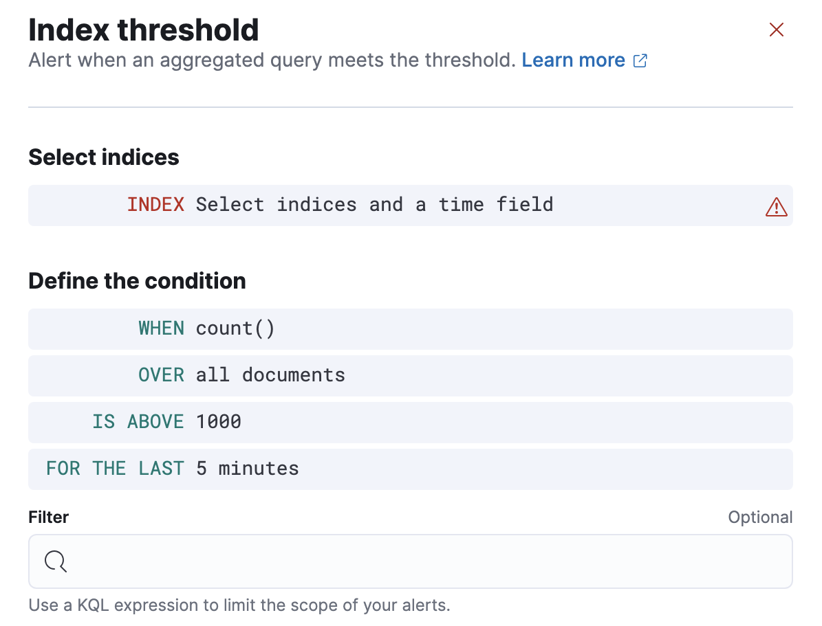 Defining index threshold rule conditions in Kibana Defining index threshold rule conditions in Kibana