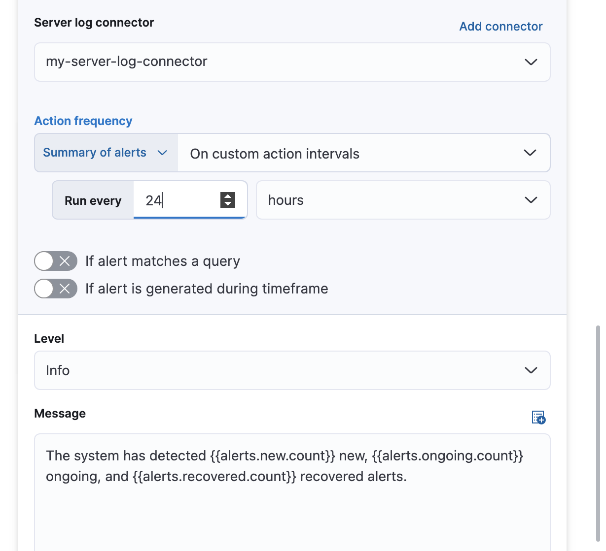UI for defining alert summary action in an index threshold rule UI for defining alert summary action in an index threshold rule