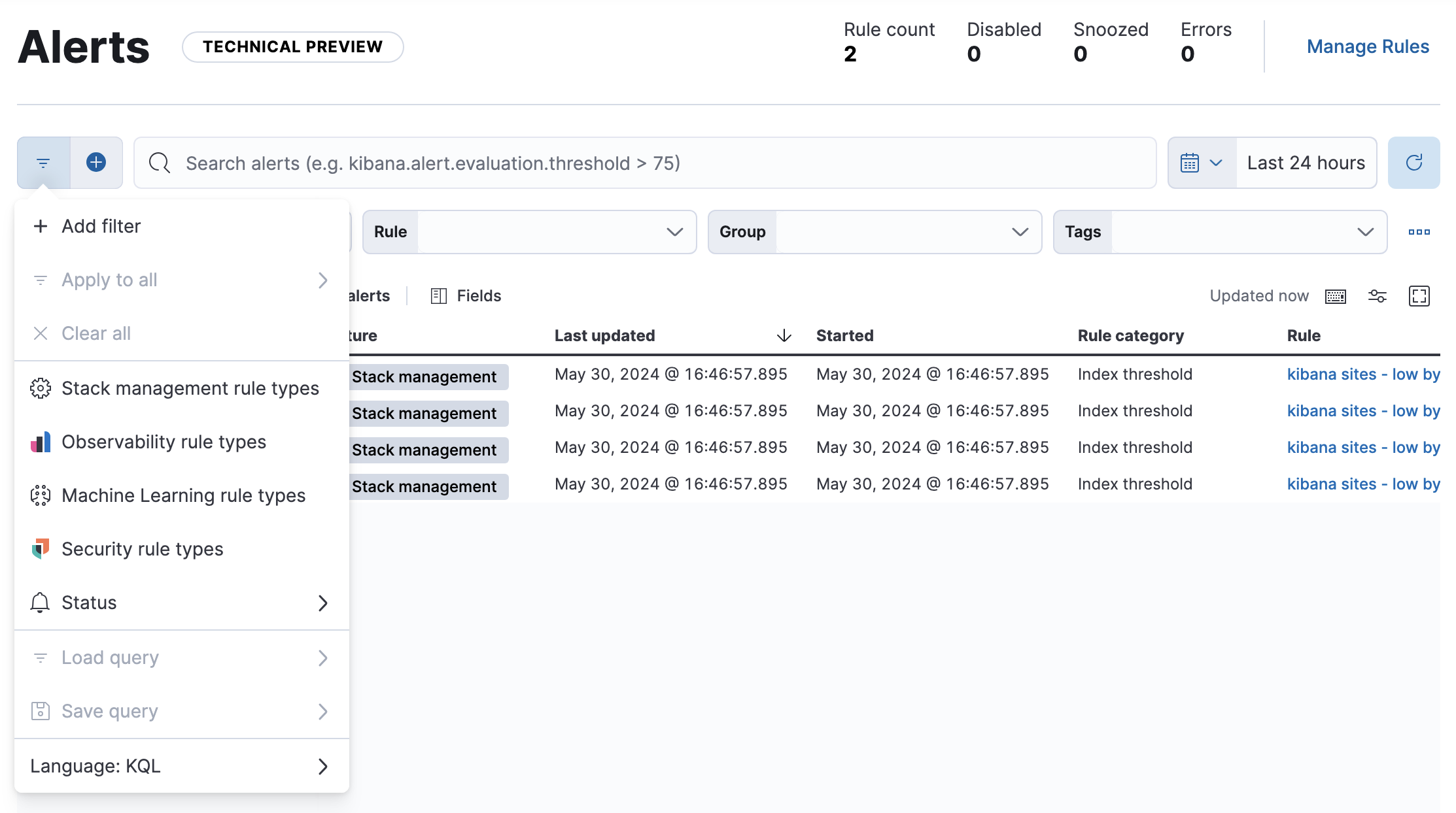 The Alerts page with the query menu open The Alerts page with the query menu open