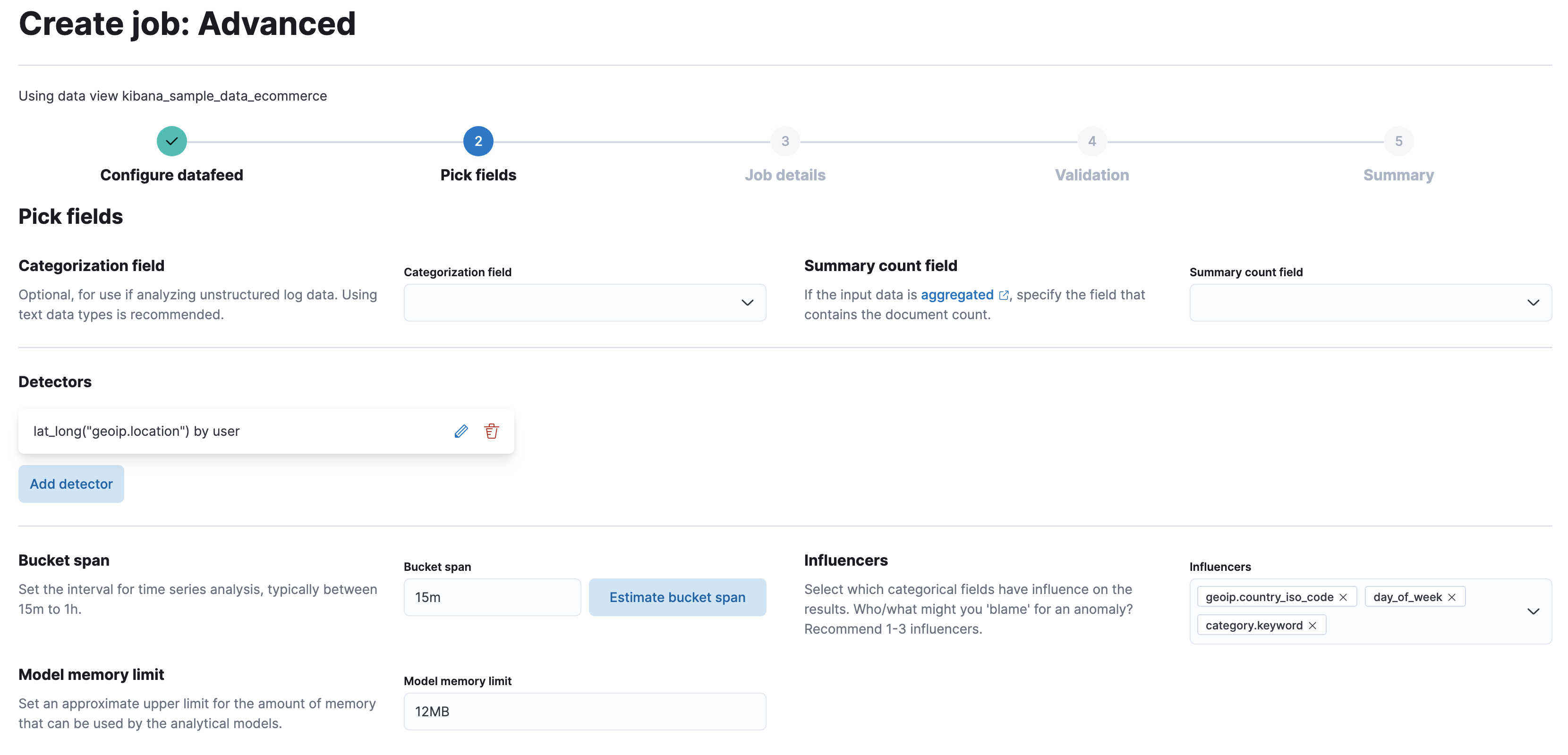 A screenshot of creating an anomaly detection job using the eCommerce data in Kibana A screenshot of creating an anomaly detection job using the eCommerce data in Kibana