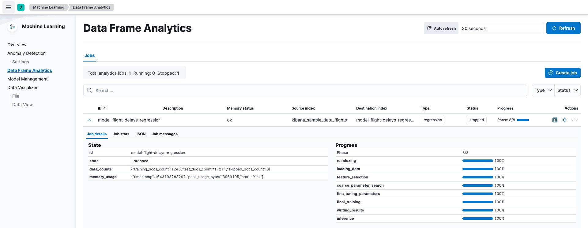 Statistics for a data frame analytics analytics job in Kibana Statistics for a data frame analytics analytics job in Kibana