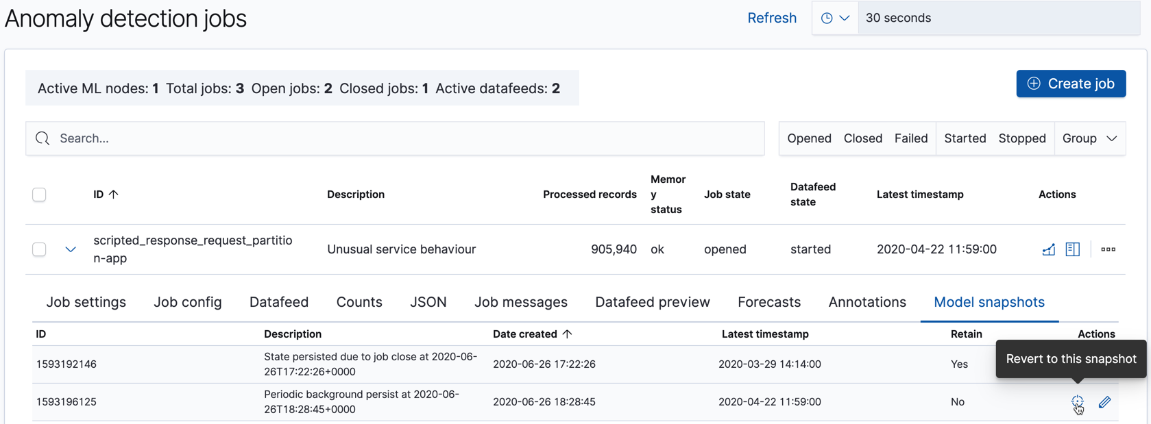 Example screenshot with a list of model snapshots Example screenshot with a list of model snapshots