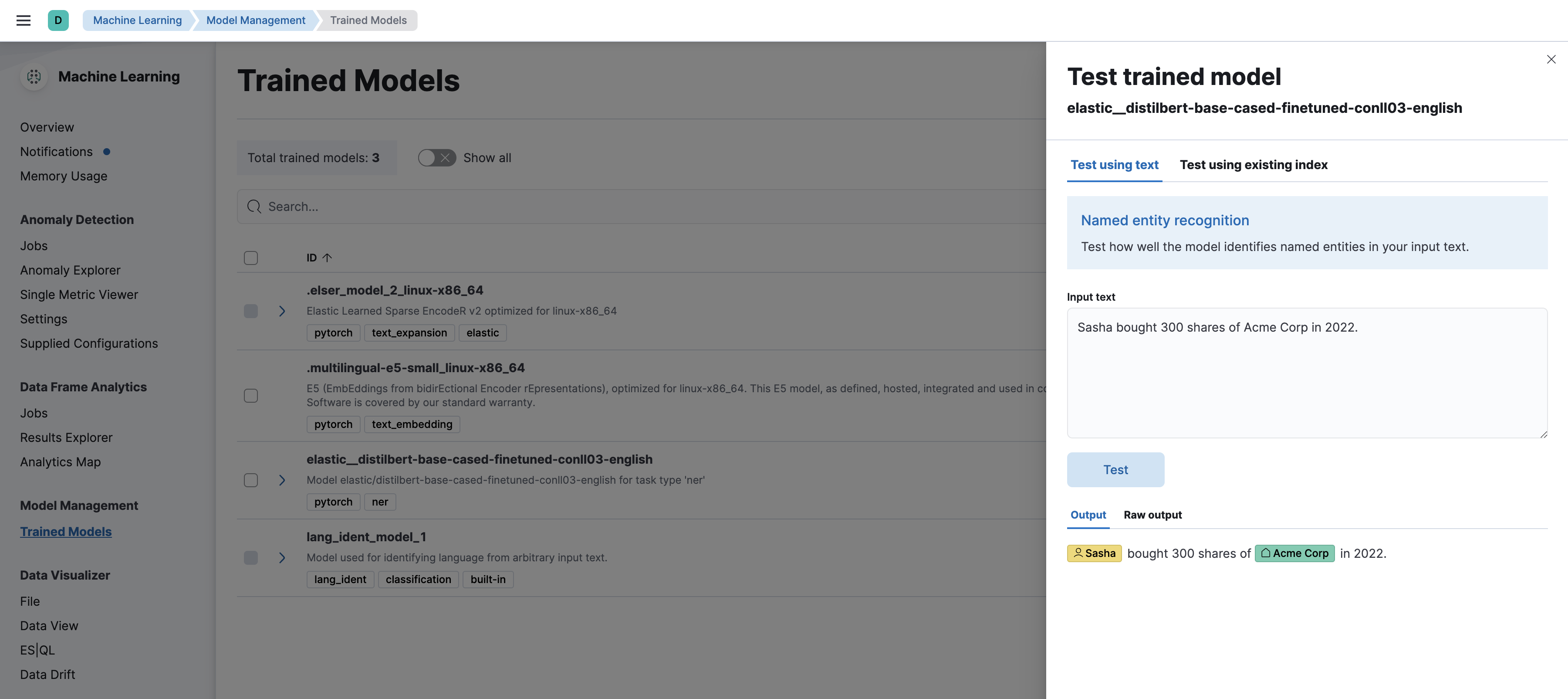 Testing a sentence with two named entities against a NER trained model in the *machine learning* app Testing a sentence with two named entities against a NER trained model in the *machine learning* app