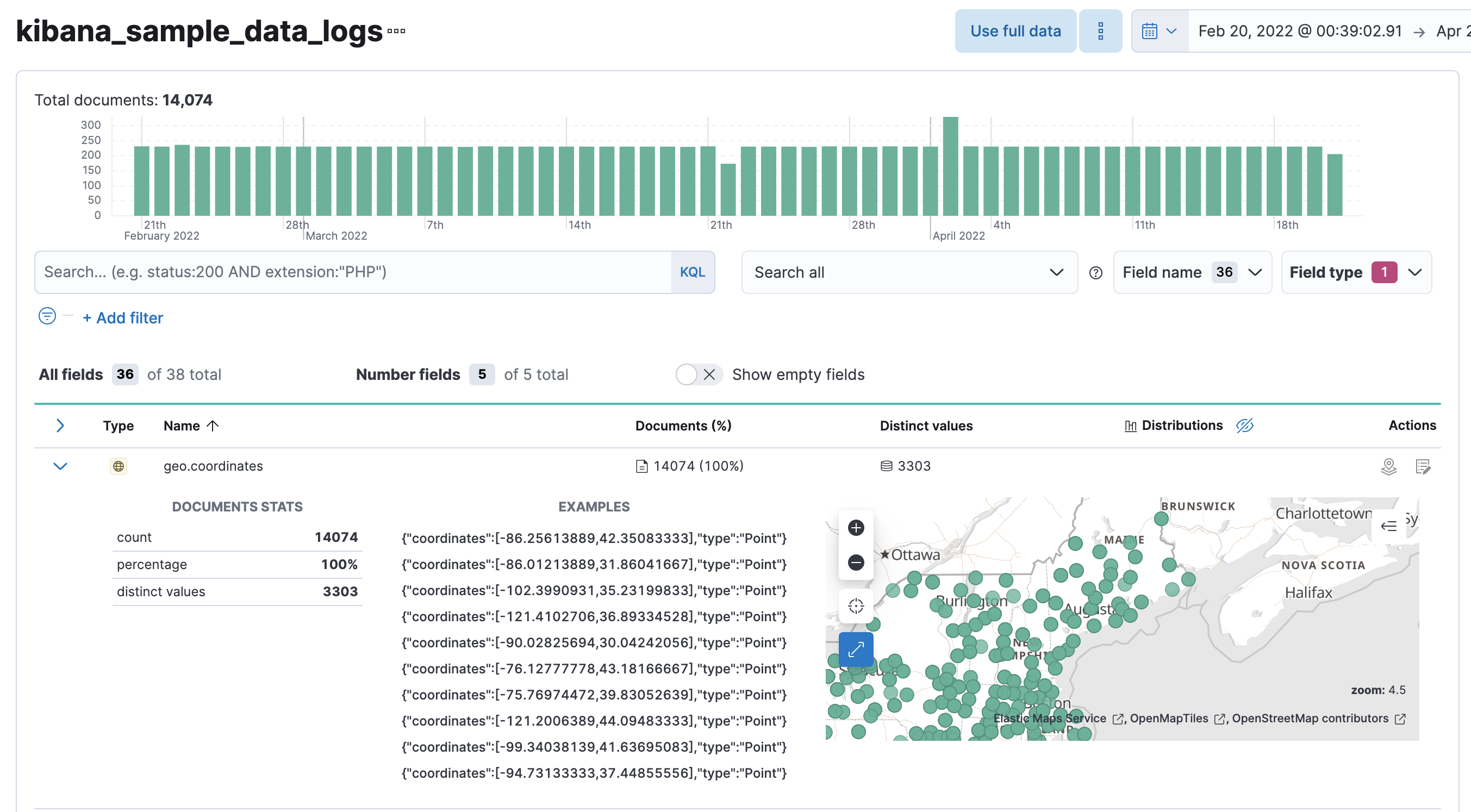 A screenshot of a geo_point field in Data Visualizer A screenshot of a geo_point field in Data Visualizer