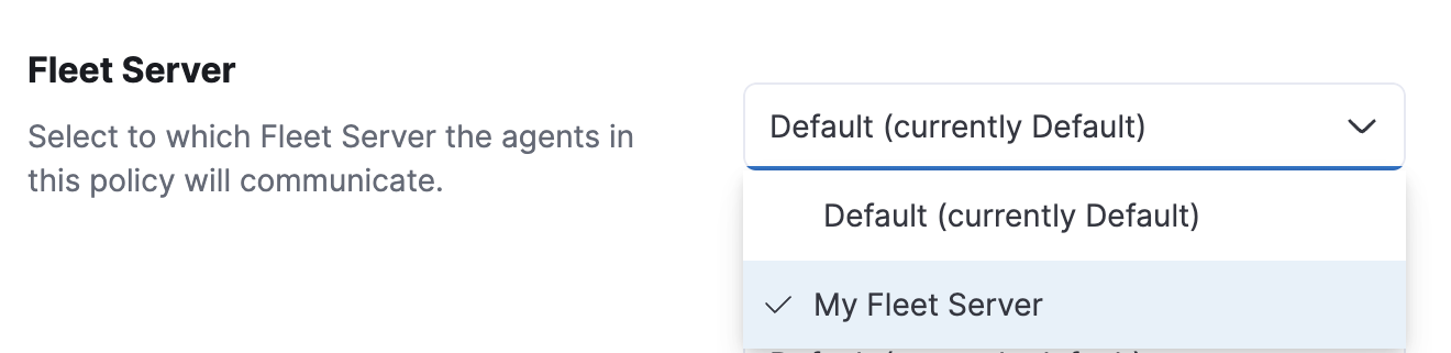 Screen capture showing how to add a Fleet Server to a policy when creating or updating the policy. Screen capture showing how to add a Fleet Server to a policy when creating or updating the policy.