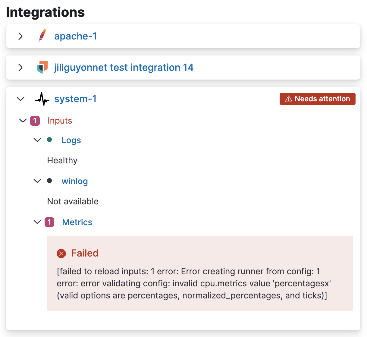 Agent details integrations pane with health status Agent details integrations pane with health status