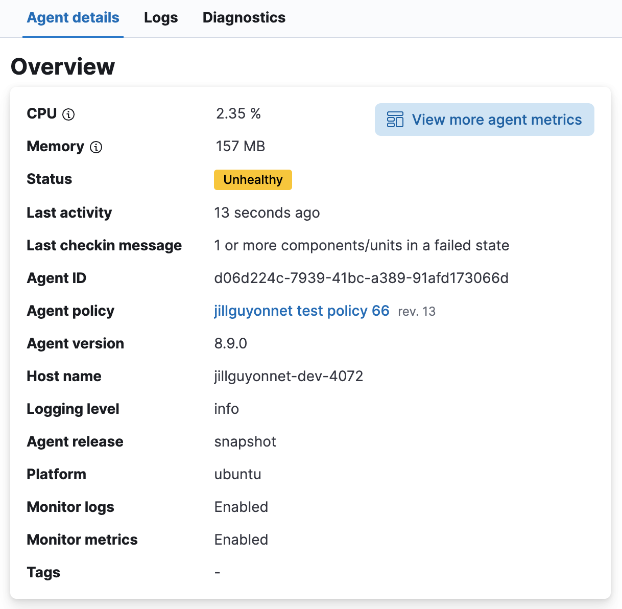 Agent details overview pane with various metrics Agent details overview pane with various metrics