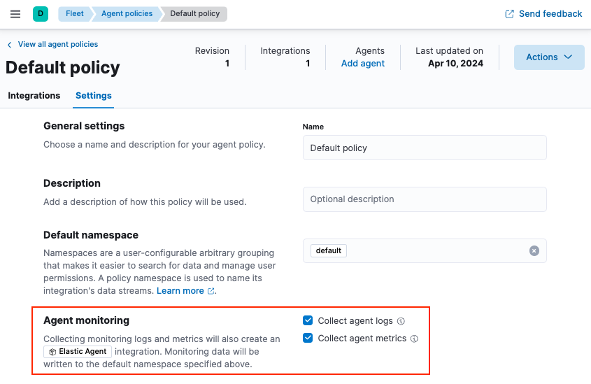 Screen capture of agent monitoring settings in the default agent policy Screen capture of agent monitoring settings in the default agent policy