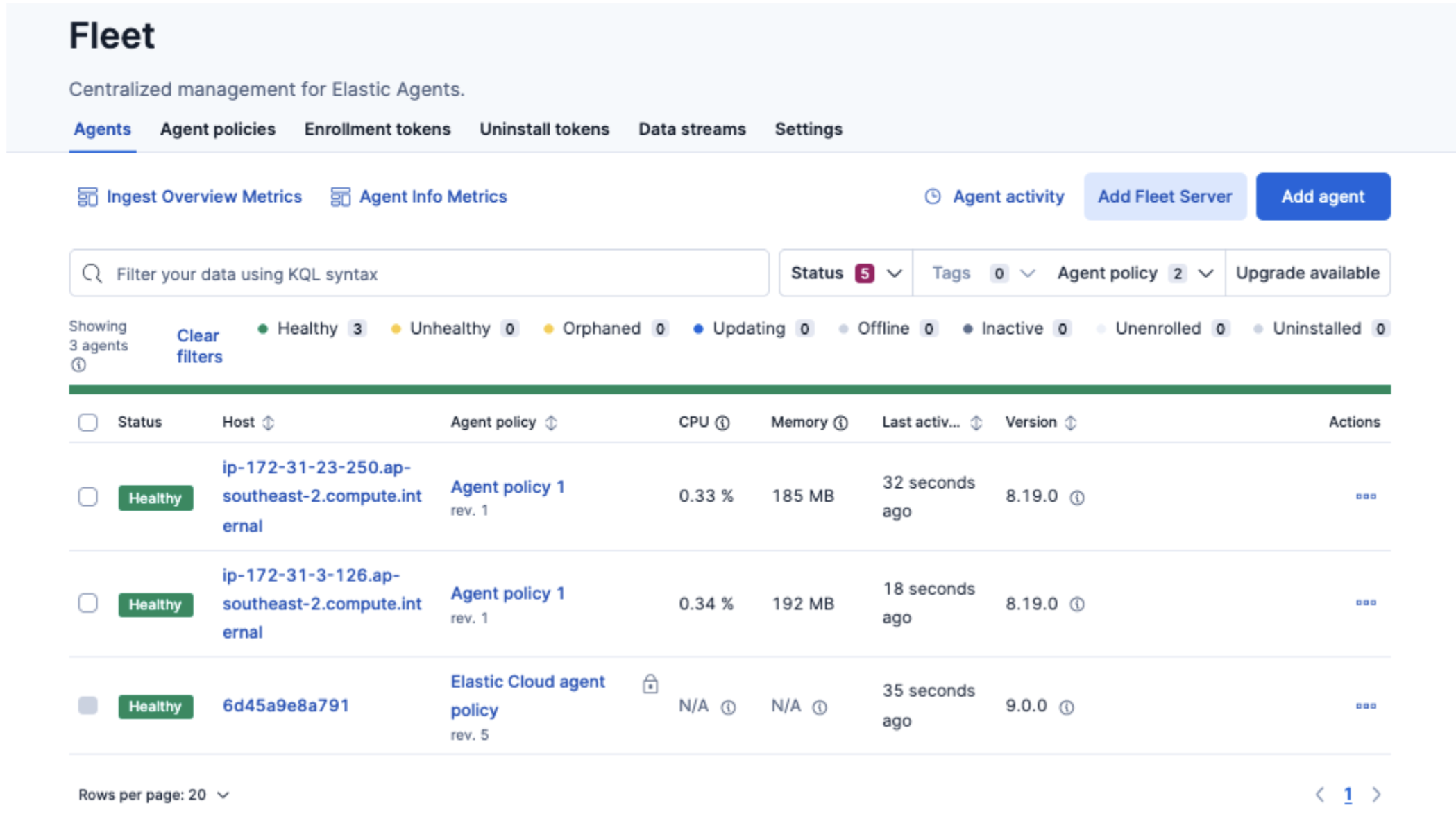 Elastic Agents Fleet page Elastic Agents Fleet page