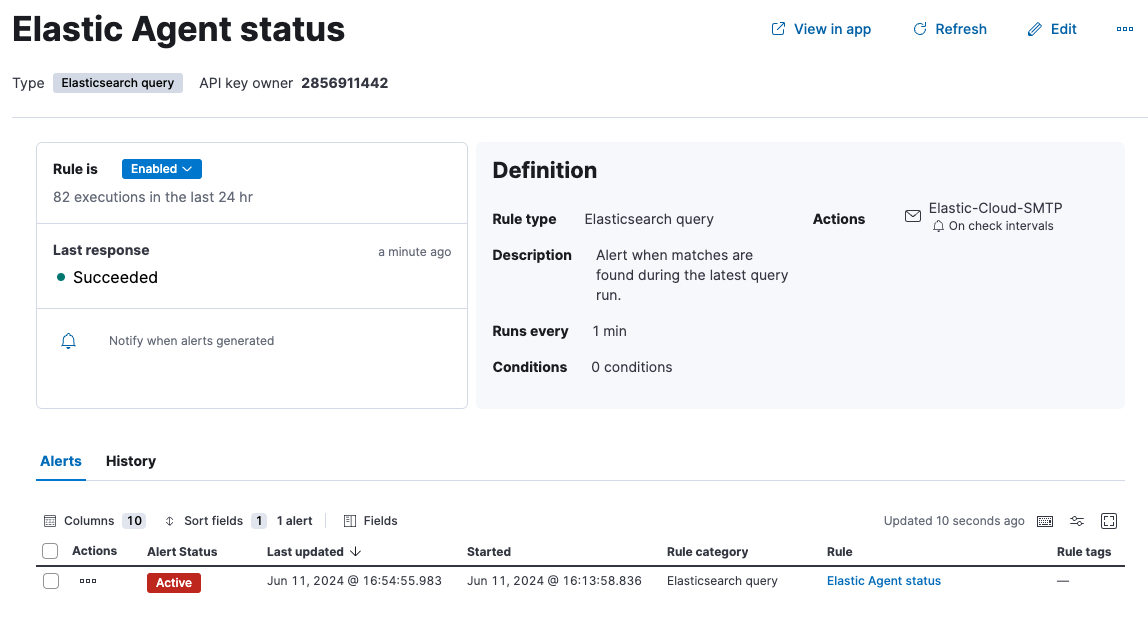 A screen capture showing the details for the new Elastic Agent status rule A screen capture showing the details for the new Elastic Agent status rule