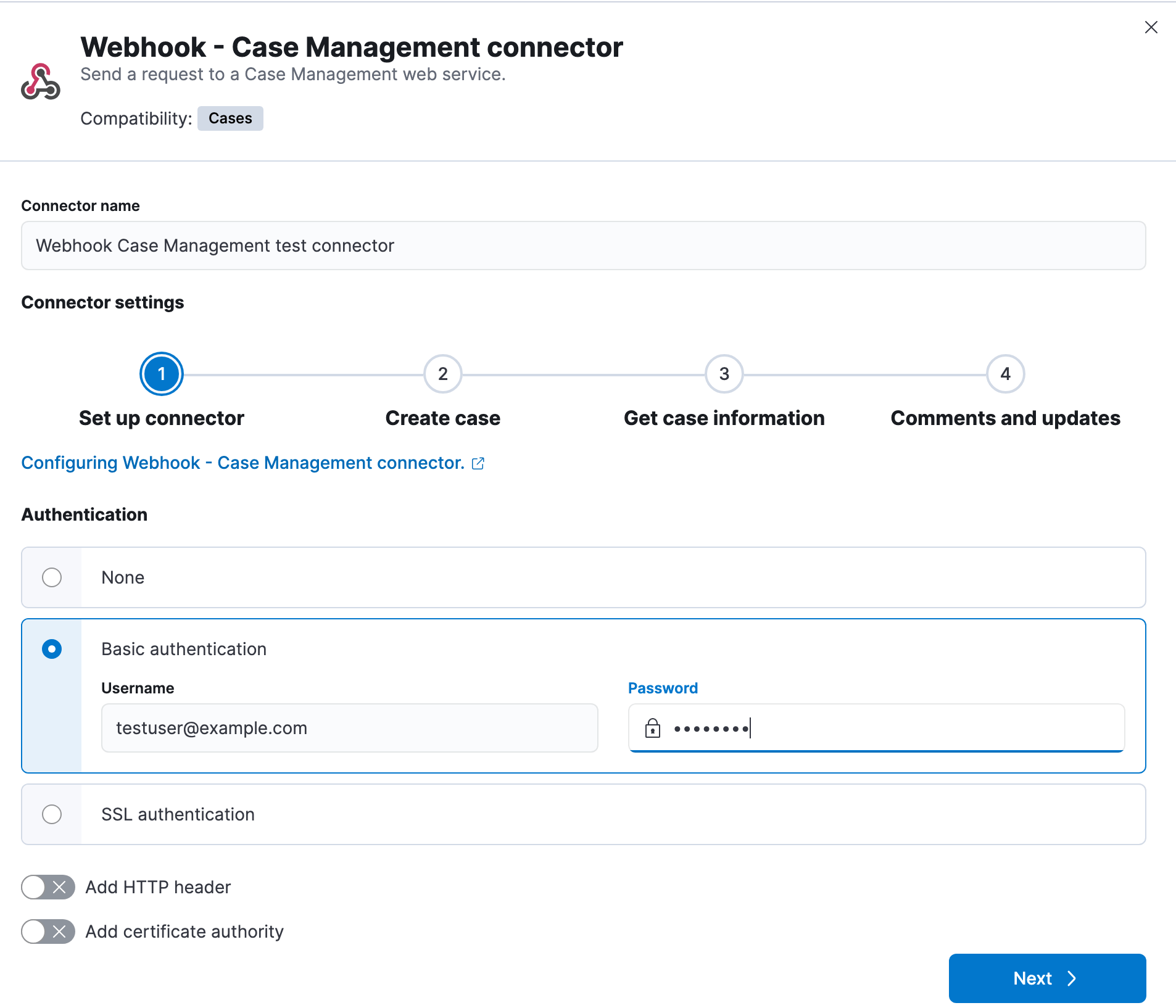 Set authentication details in the Webhook - Case Management connector Set authentication details in the Webhook - Case Management connector