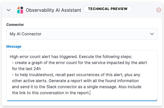 Add an Observability AI Assistant action while creating a rule in the Observability UI Add an Observability AI Assistant action while creating a rule in the Observability UI