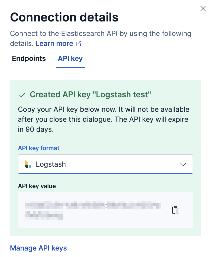 API key format dropdown set to Logstash: API key format dropdown set to Logstash:
