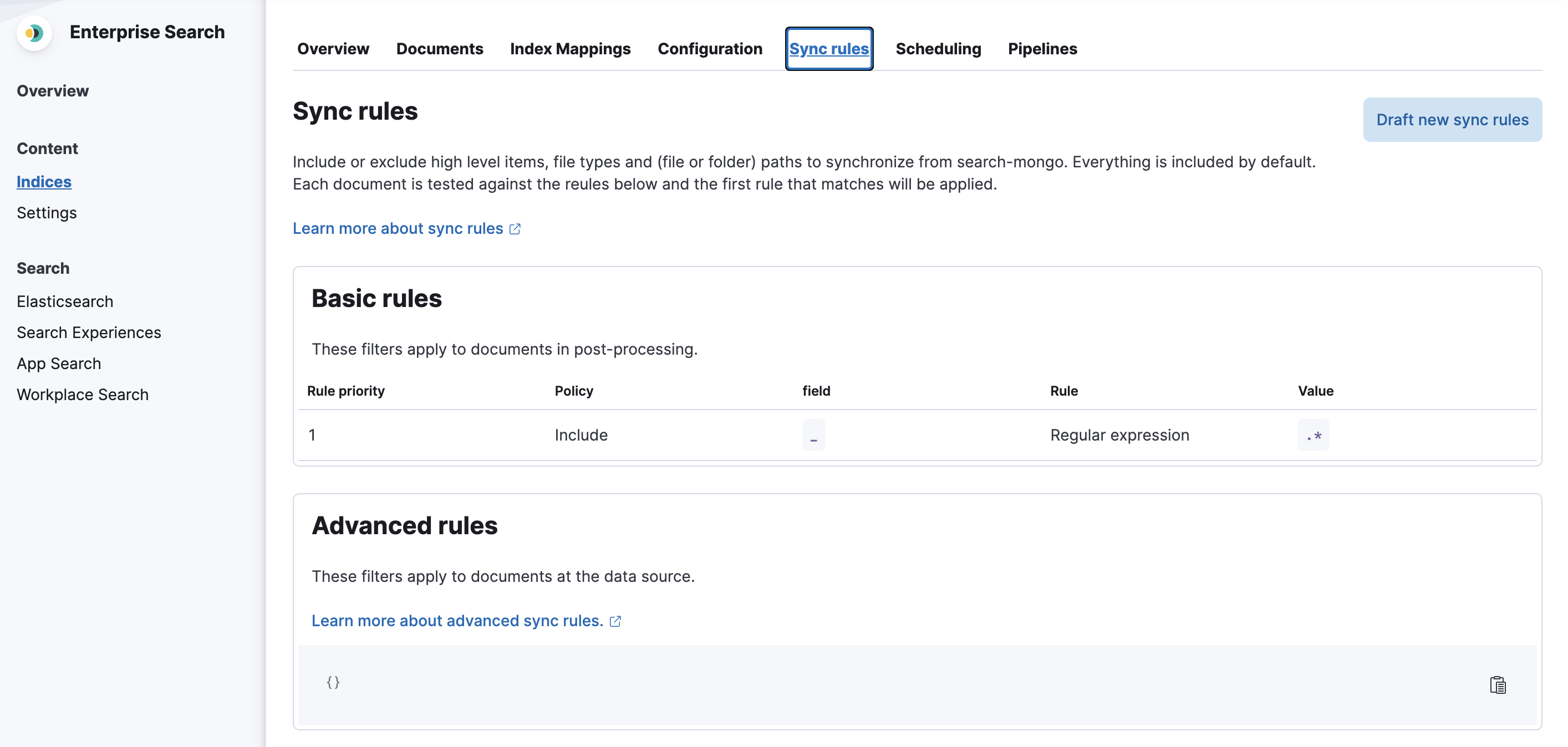 Sync rules tab Sync rules tab