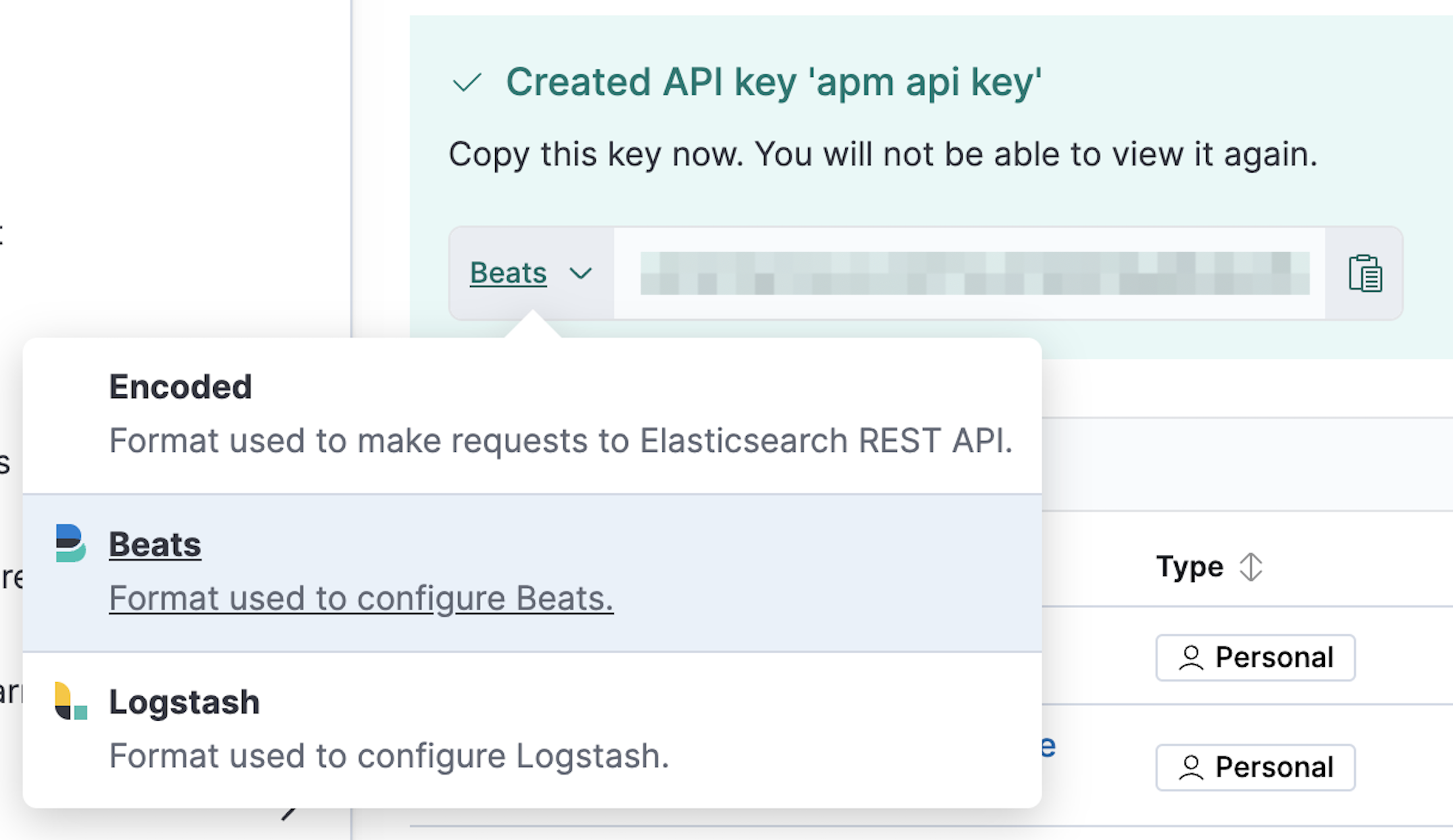 API key dropdown highlighting the Beats option API key dropdown highlighting the Beats option