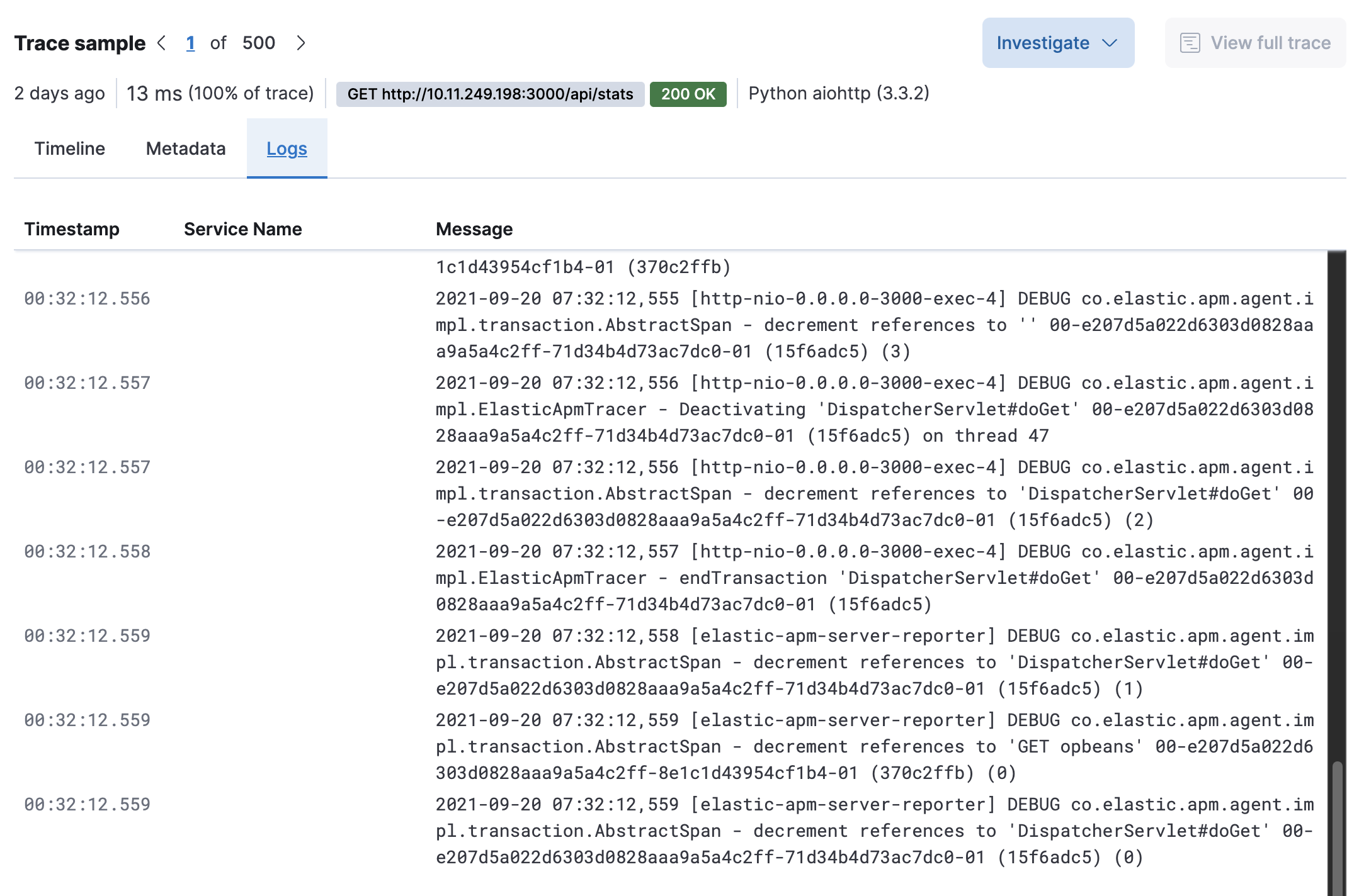 APM logs tab APM logs tab