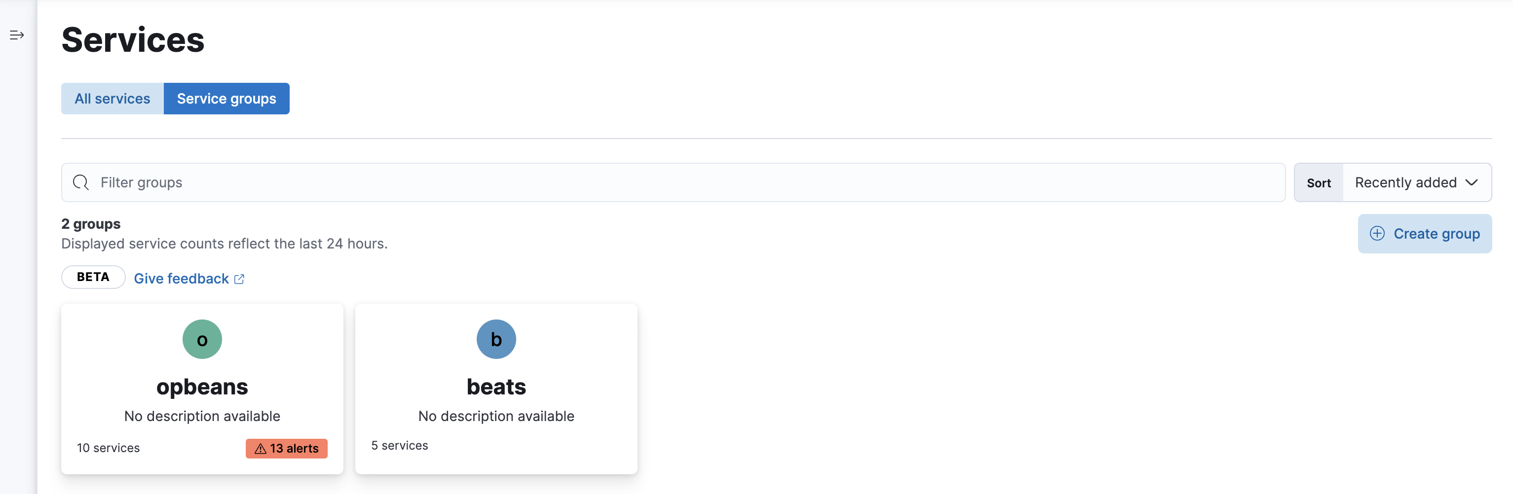 Example view of service group in the Applications UI in Kibana Example view of service group in the Applications UI in Kibana