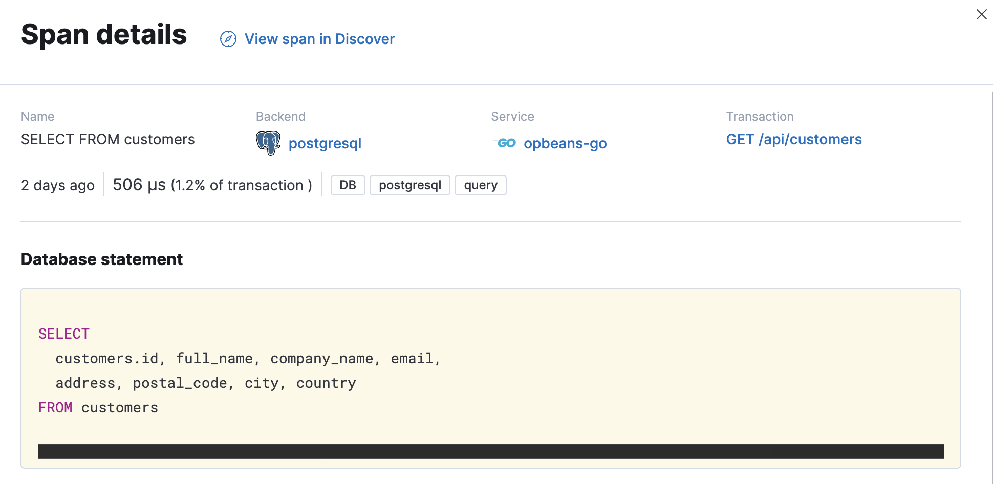 Example view of a span detail in the Applications UI Example view of a span detail in the Applications UI