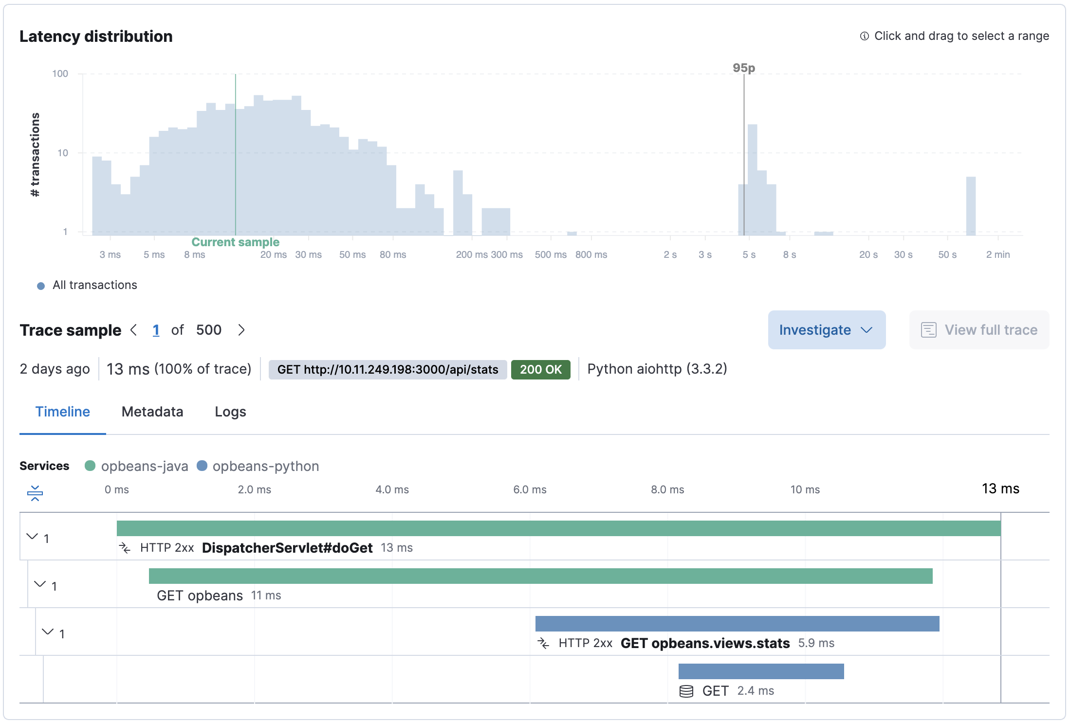 Example of distributed trace colors in the Applications UI Example of distributed trace colors in the Applications UI