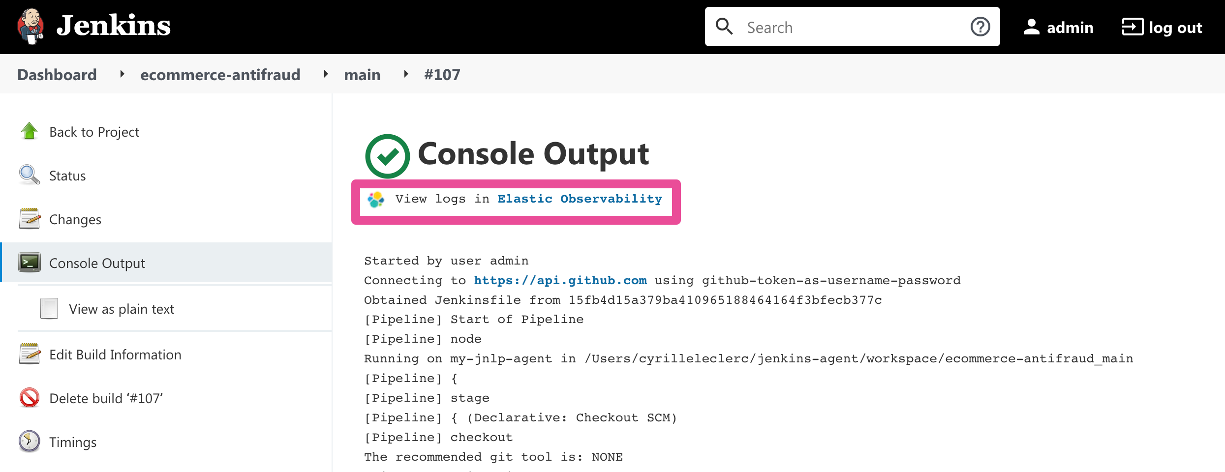 Jenkins Console Output page displaying both log contents and a link to view logs in Elastic Observability Jenkins Console Output page displaying both log contents and a link to view logs in Elastic Observability