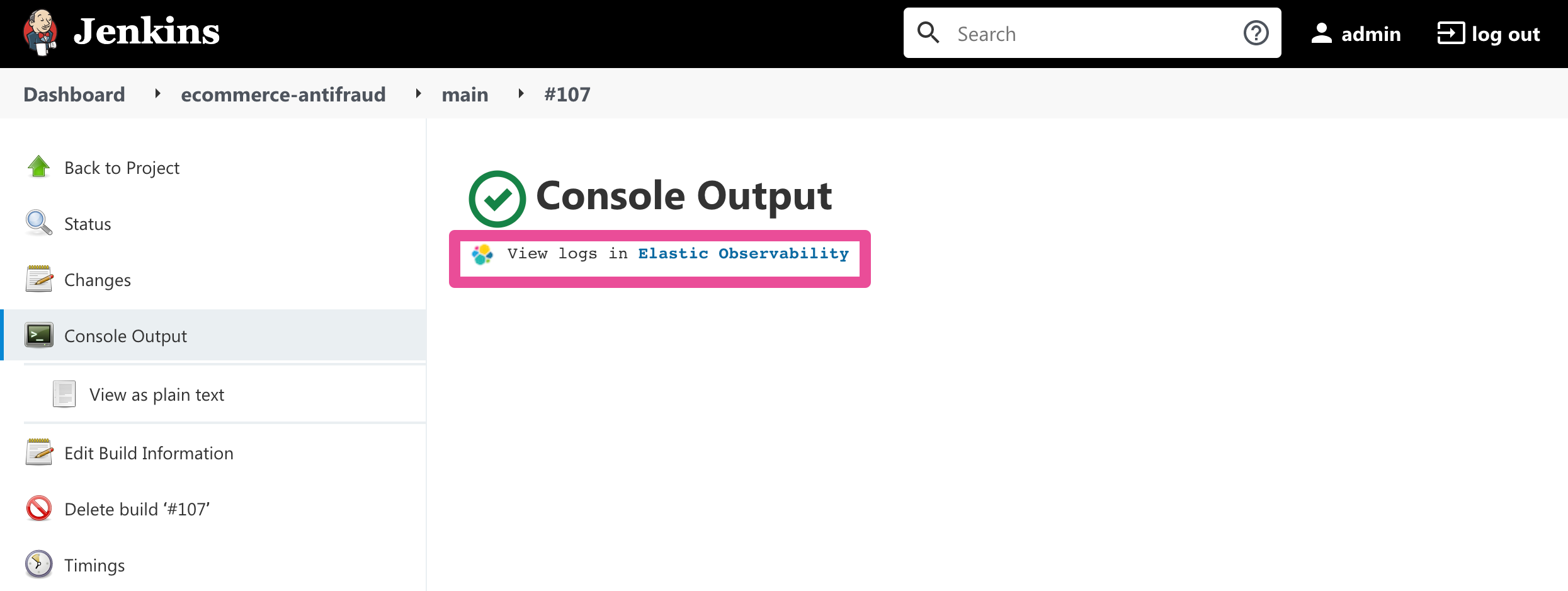 Jenkins Console Output page with link to view logs in Elastic Observability Jenkins Console Output page with link to view logs in Elastic Observability