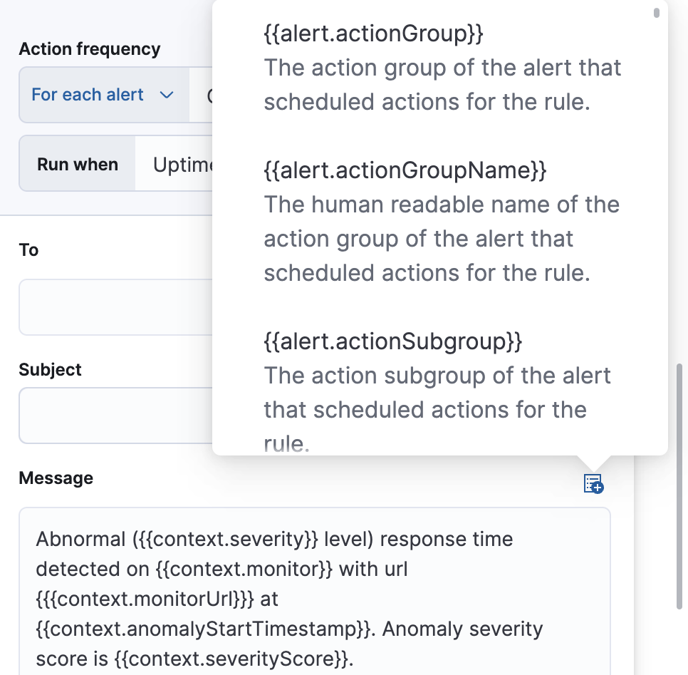 Default notification message for Uptime duration anomaly rules with open "Add variable" popup listing available action variables Default notification message for Uptime duration anomaly rules with open