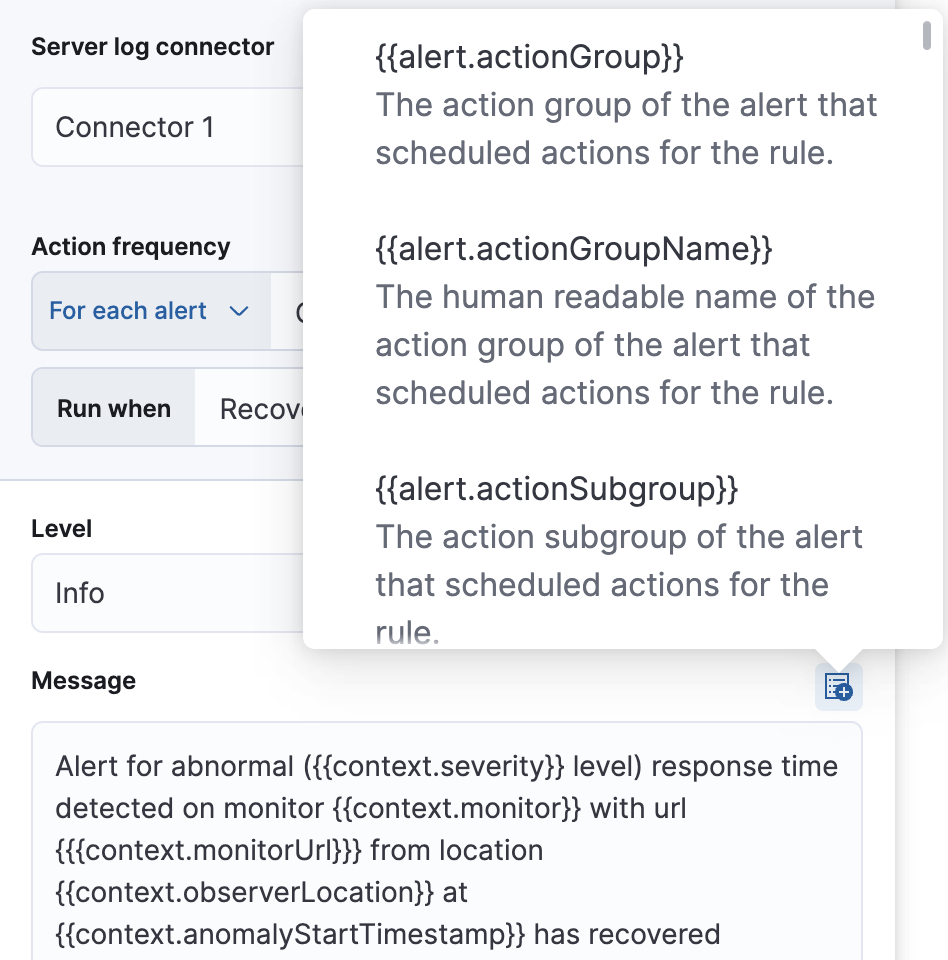 Default recovery message for Uptime duration anomaly rules with open "Add variable" popup listing available action variables Default recovery message for Uptime duration anomaly rules with open