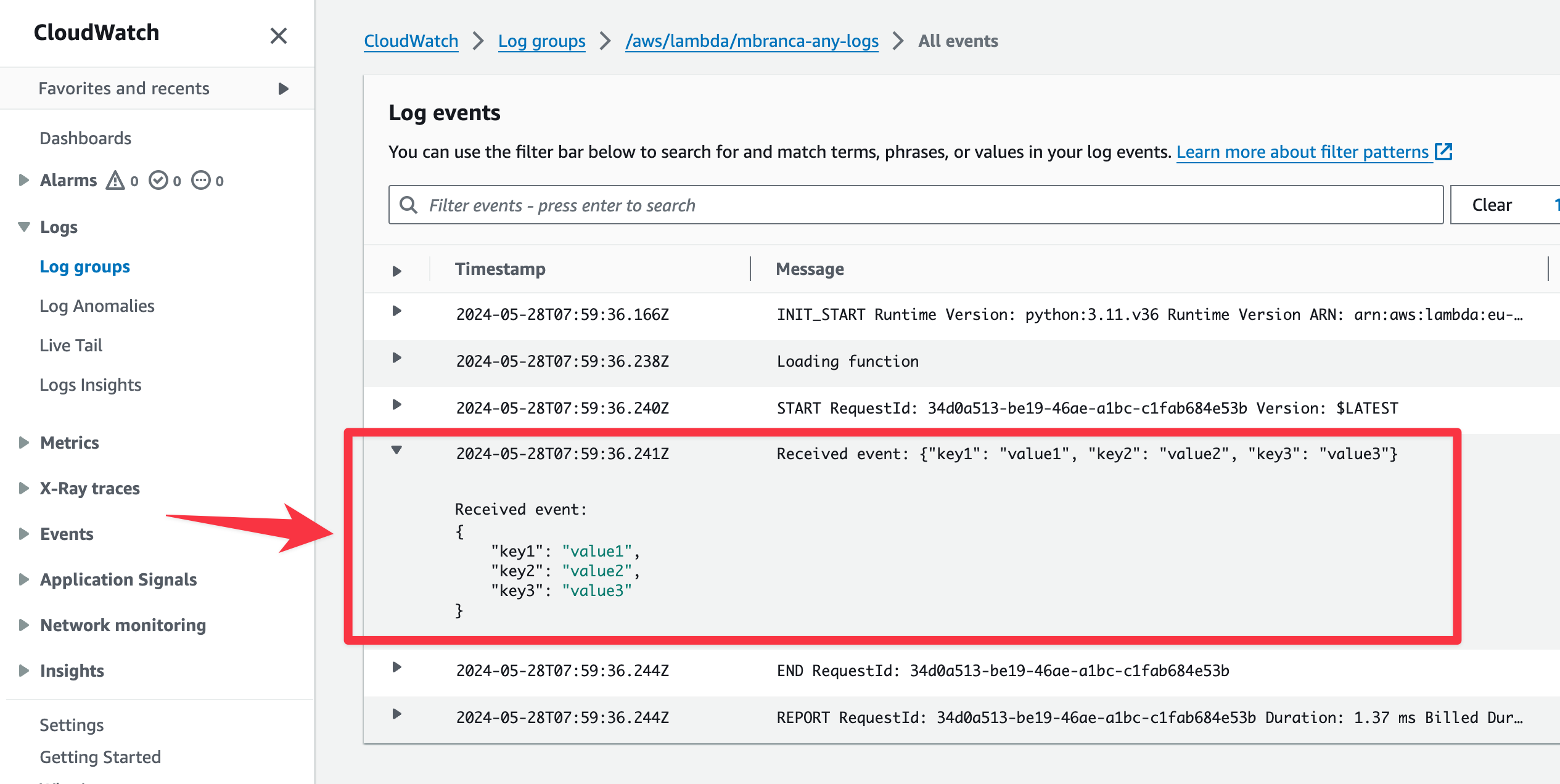 CloudWatch log group with sample logs CloudWatch log group with sample logs