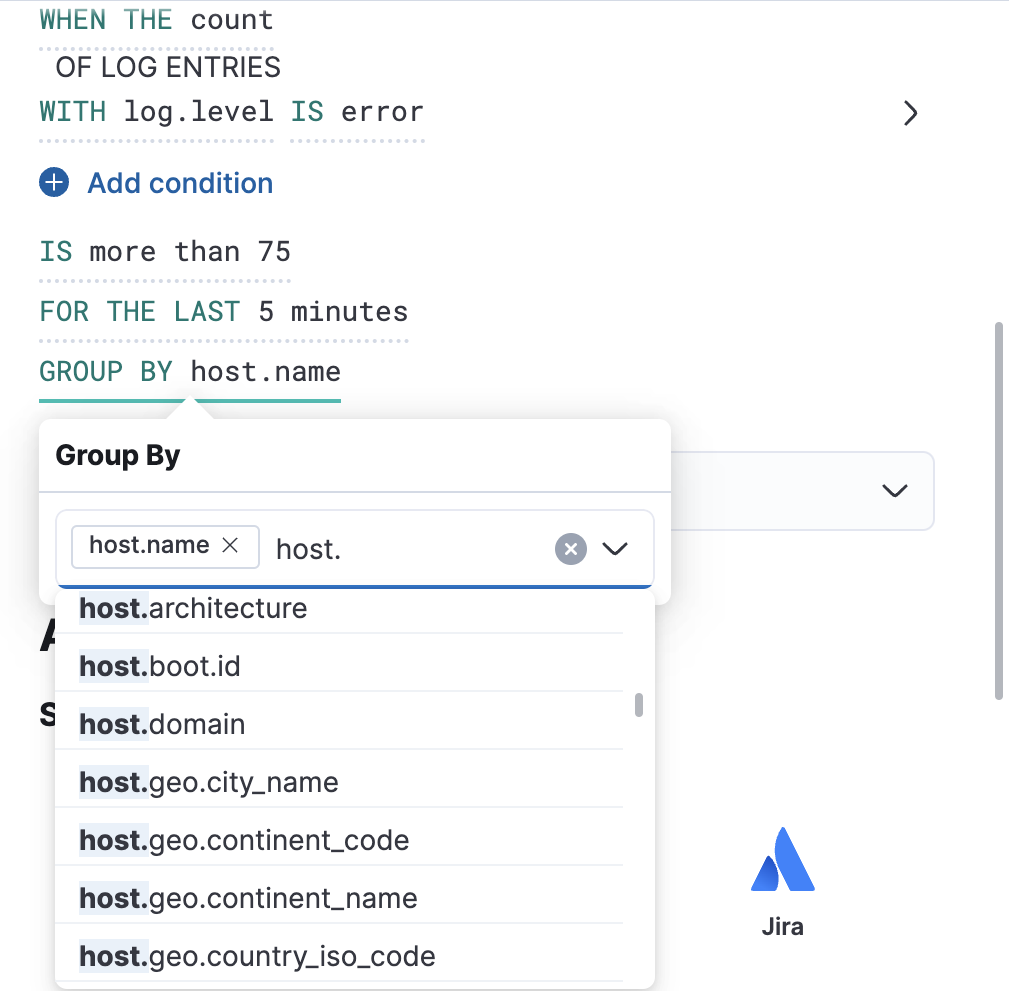 Log threshold rule group by Log threshold rule group by