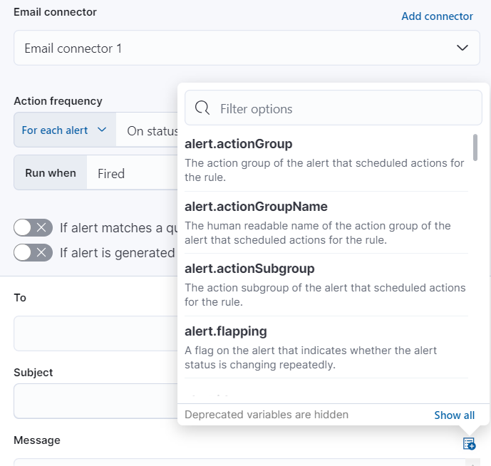 Default notification message for log threshold rules with open "Add variable" popup listing available action variables Default notification message for log threshold rules with open