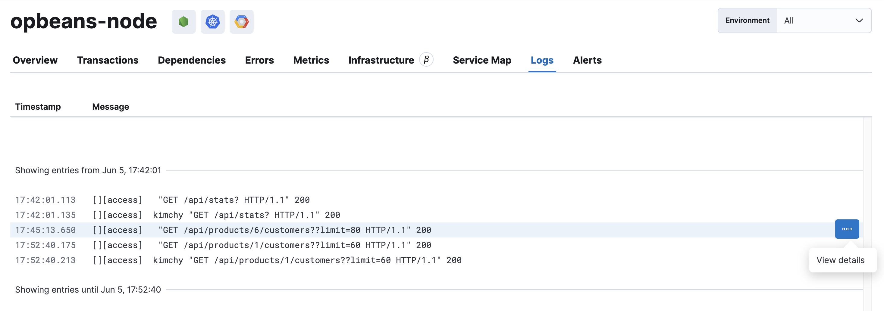 Example view of the Logs tab in Applications UI Example view of the Logs tab in Applications UI