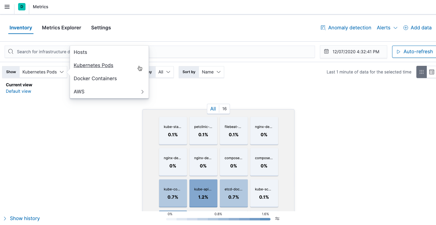 Inventory page that shows Kubernetes pods Inventory page that shows Kubernetes pods