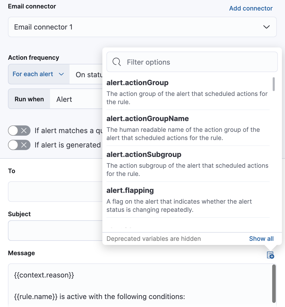 Default notification message for metric threshold rules with open "Add variable" popup listing available action variables Default notification message for metric threshold rules with open