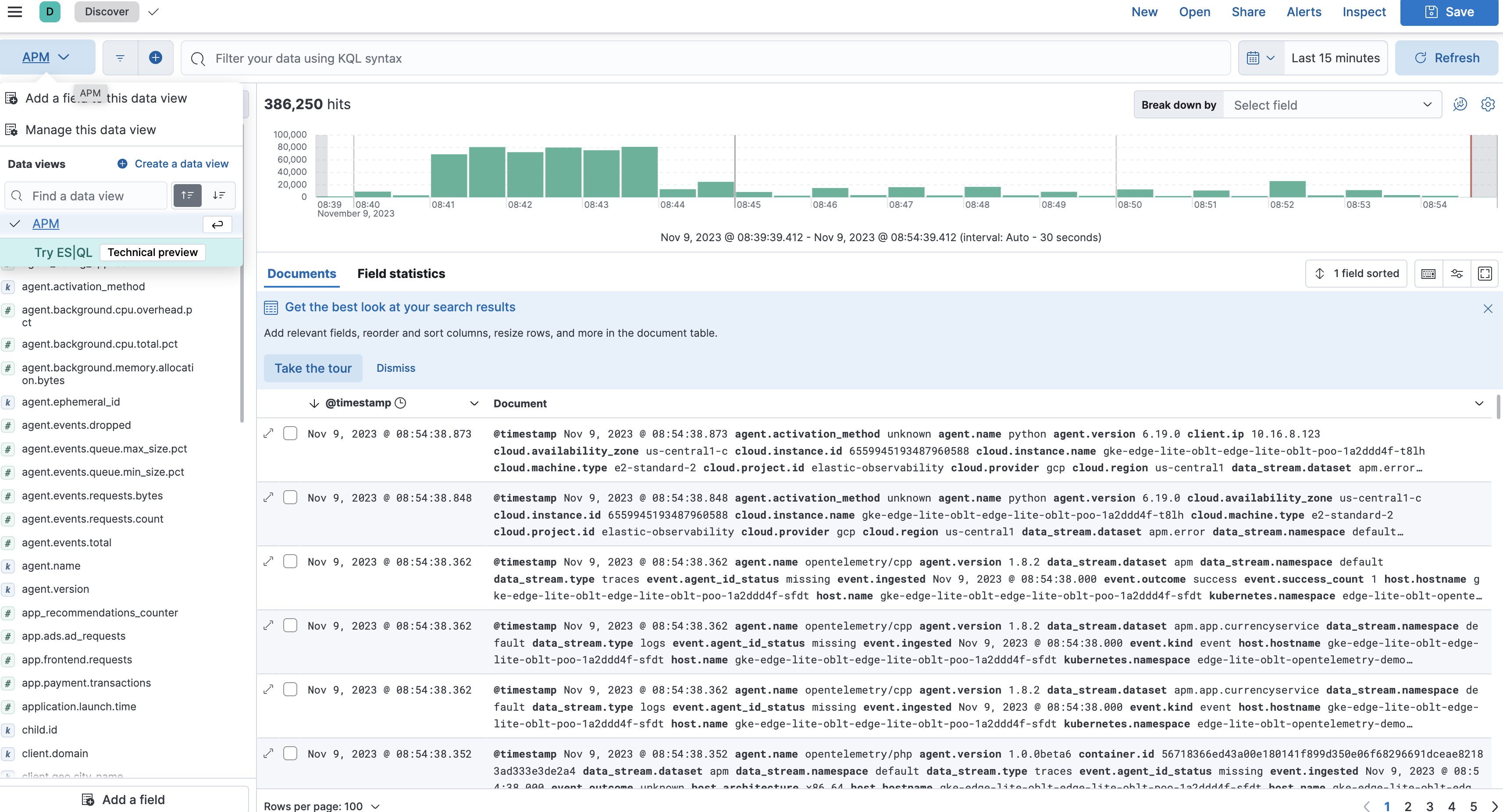 Example view of Explorer selecting APM data view Example view of Explorer selecting APM data view