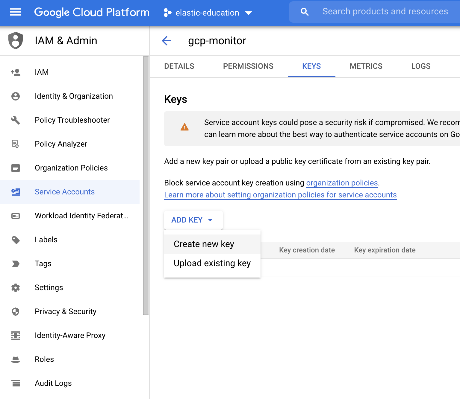 Service account create key Service account create key