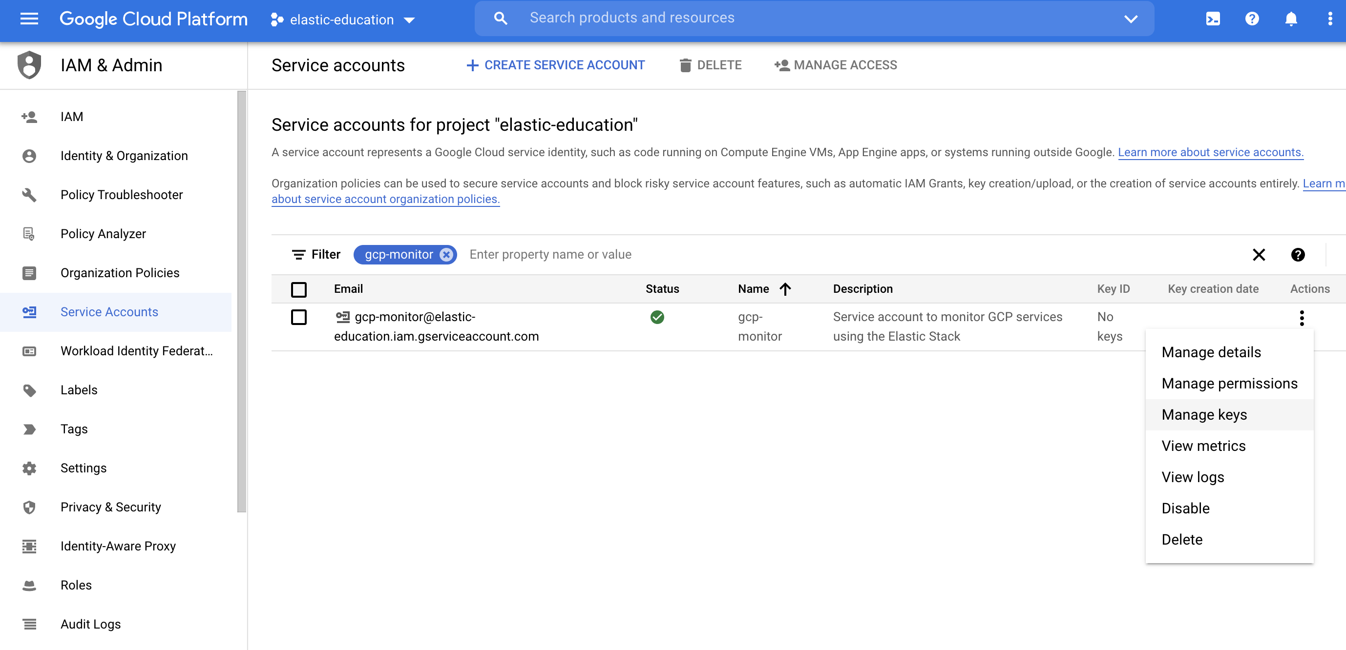Service account manage keys Service account manage keys