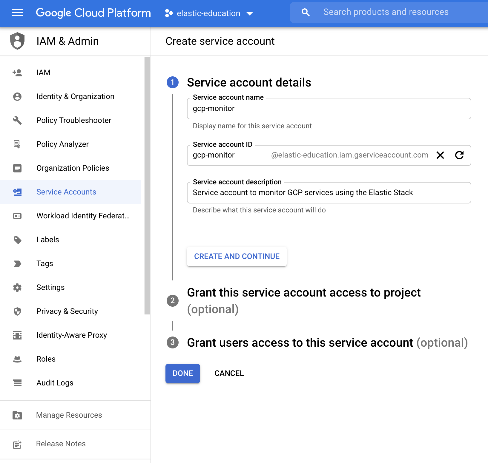Service account name Service account name