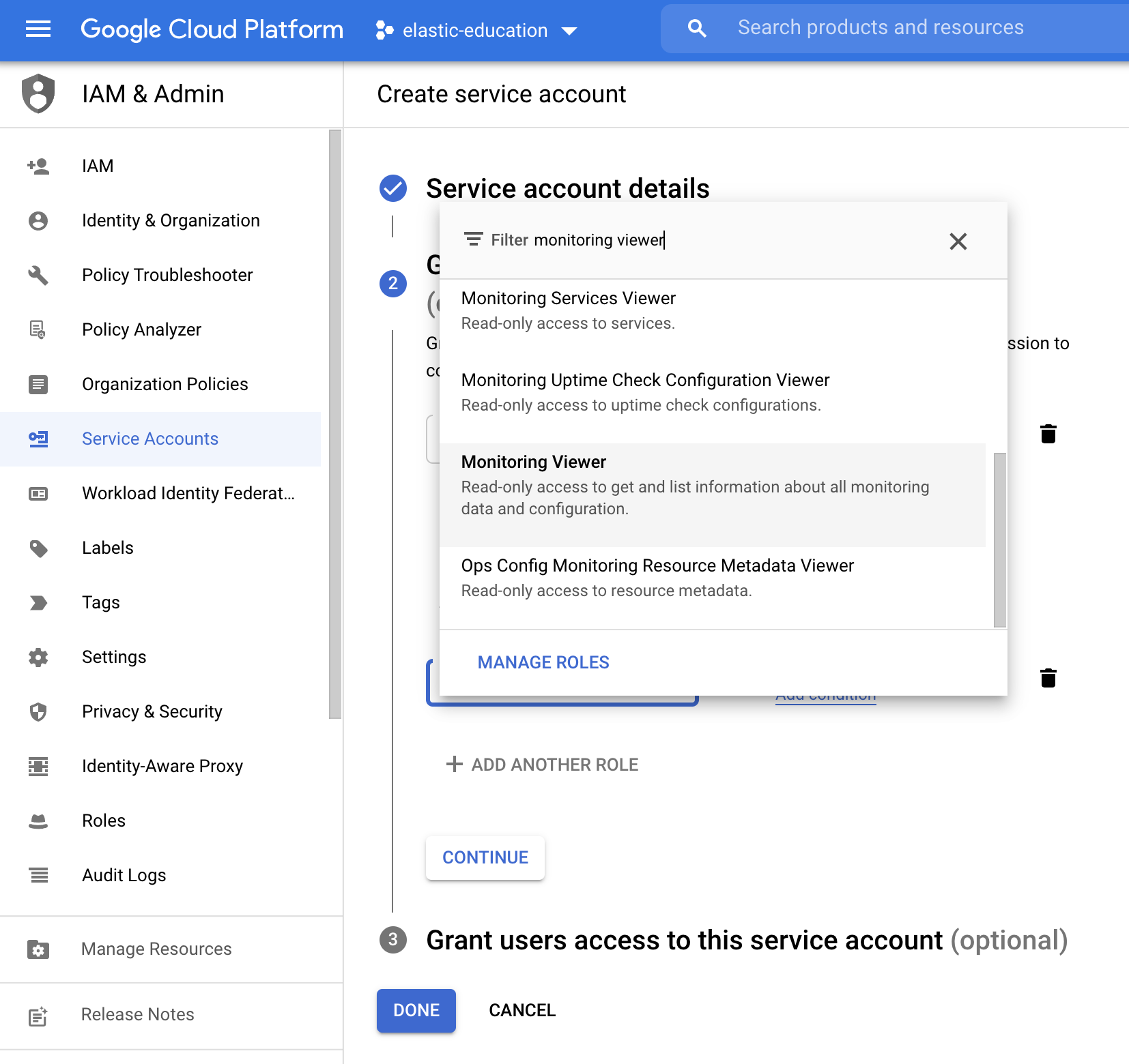 Service account roles monitoring viewer Service account roles monitoring viewer